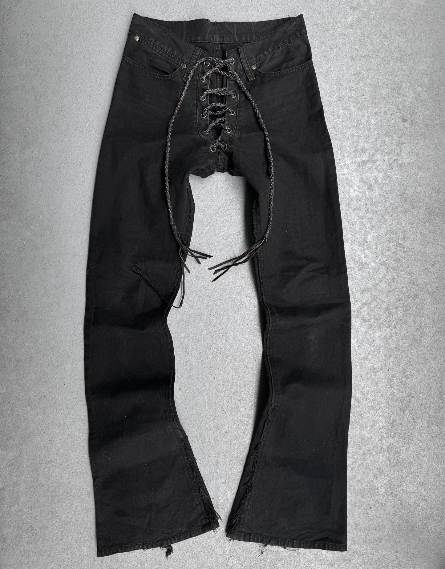 IfSixWasNine Early 00s ‘NO. LU/ BCM-PRF’ Black Lace-up Flare Denim