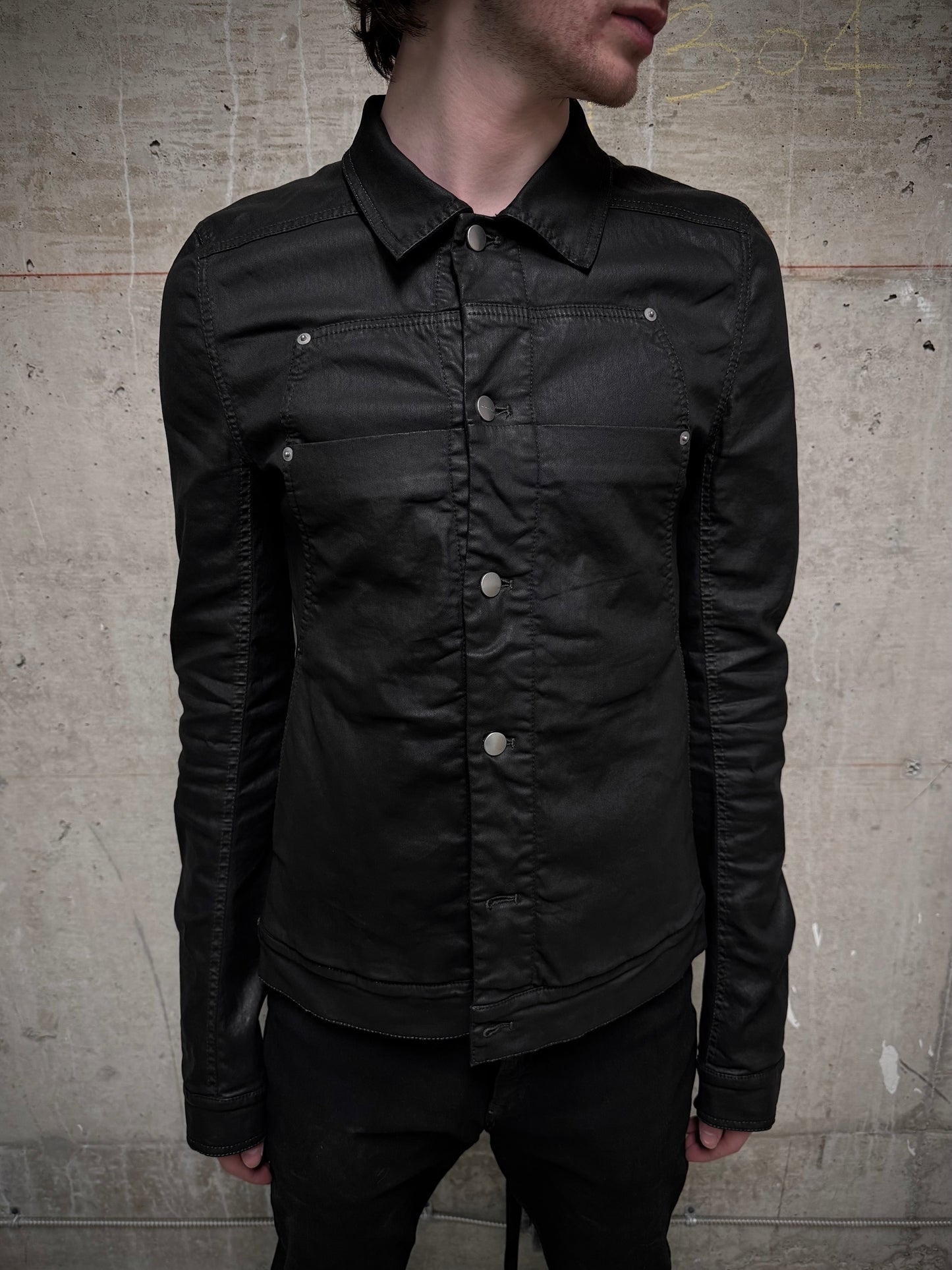 Rick Owens SS19 "BABEL" BLACK WAX Paneled Denim Trucker Jacket