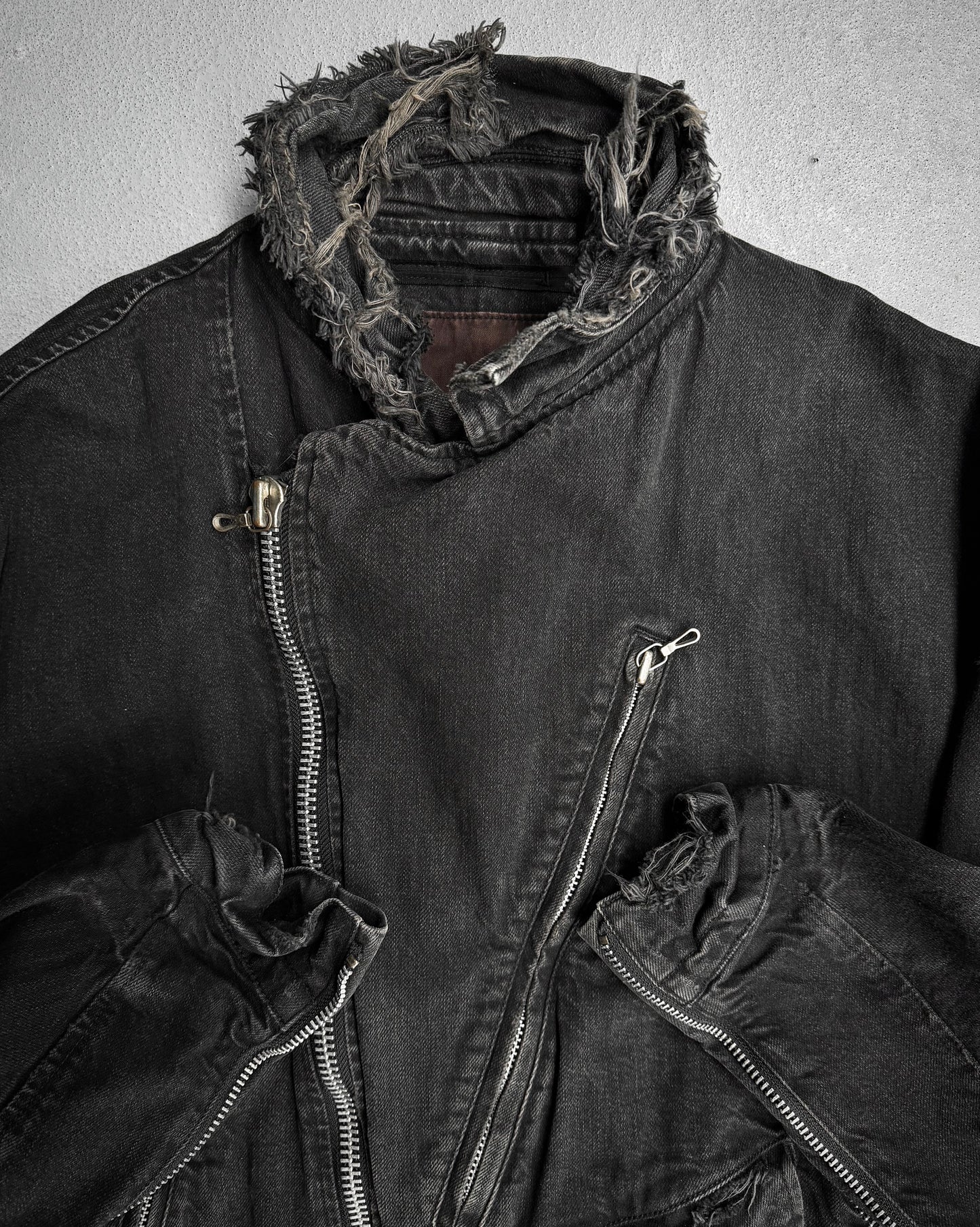 Julius_7 SS18 “Acid Glaciers;” Limited Edition Distressed 12oz Denim Biker Jacket