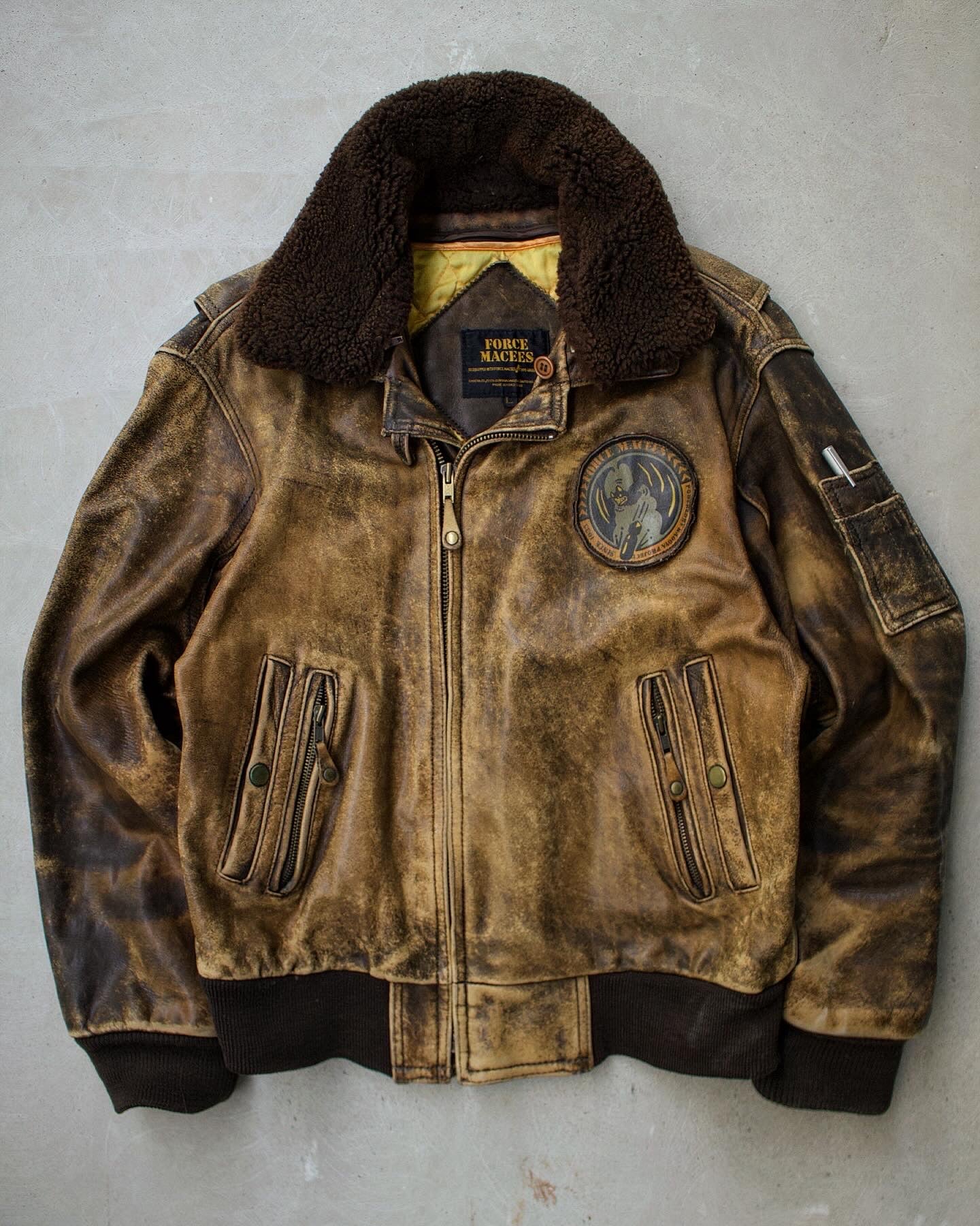 KADOYA Late 90s “FORCE MACEES” Sun Faded Leather Aviator Bomber Jacket