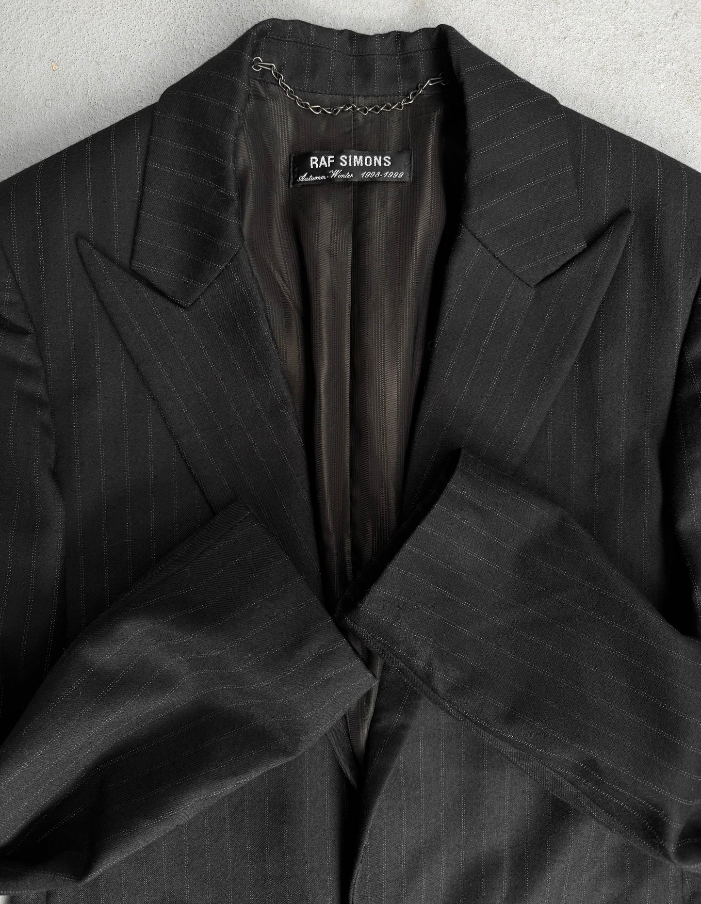 RAF SIMONS AW98-99 “Radioactivity” Satan Lapels Wool Pinstripe Long Coat