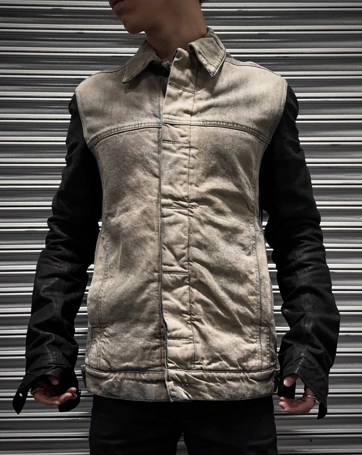 Rick Owens DRKSHDW AW13 “PLINTH” Mineral Dust Leather Sleeves Trucker Jacket