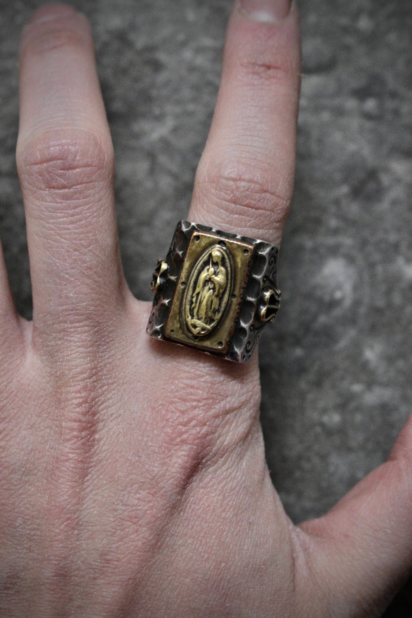 Isamu Katayama "BACKLASH" Isamu Katayama “BACKLASH” x galcia "Our Lady of Guadalupe" .925 Silver Ring detail | DRIEW GARMENTS