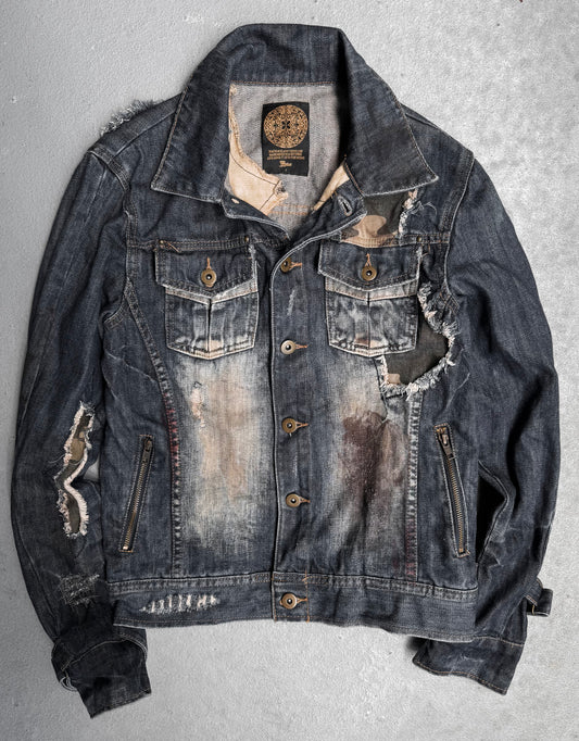Midas Early 00s Mud-stained Camo Patchwork Denim Trucker Jacket
