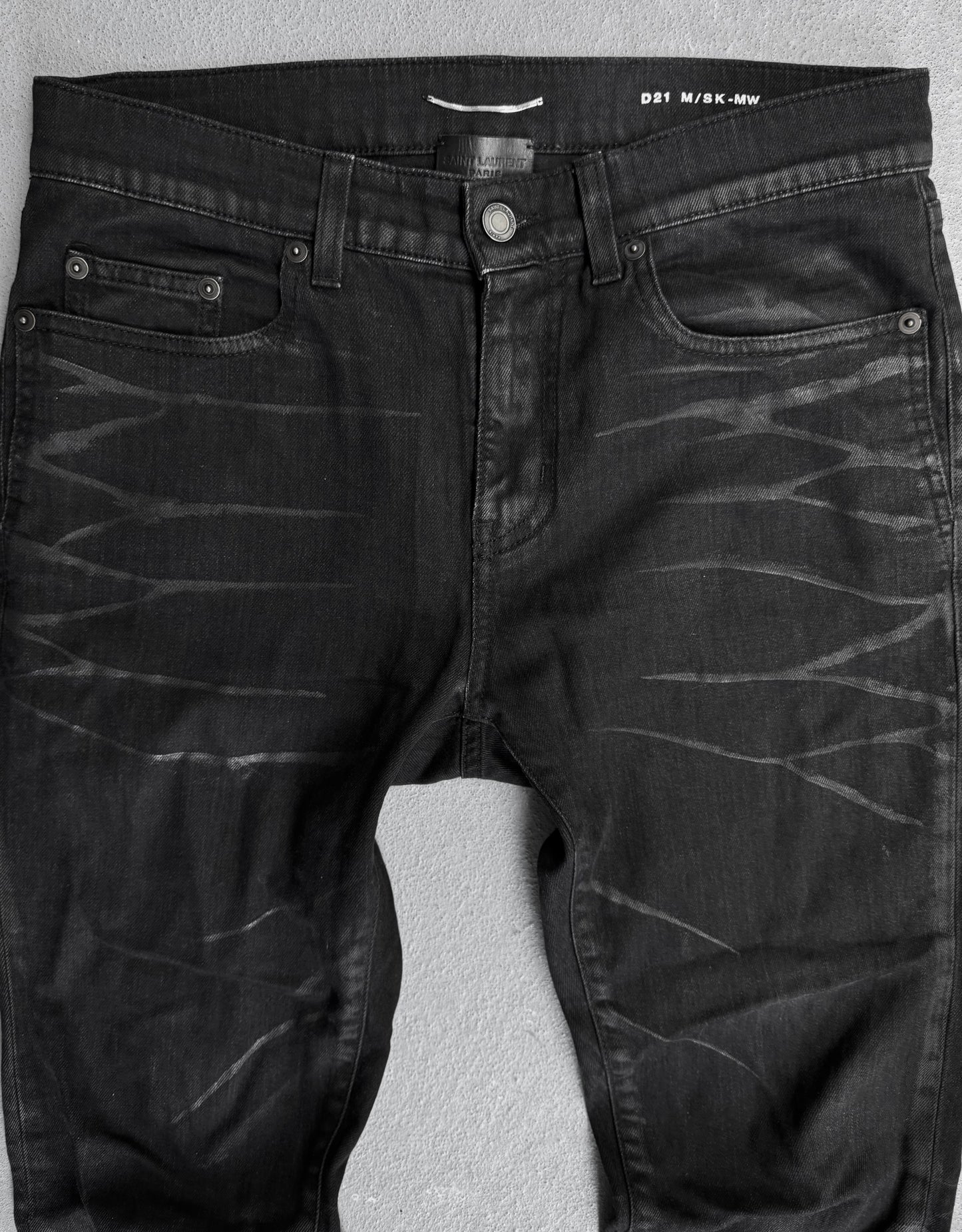 Saint Laurent Paris SS20 Black ‘D21’ Waxed Whiskers Skinny Denim