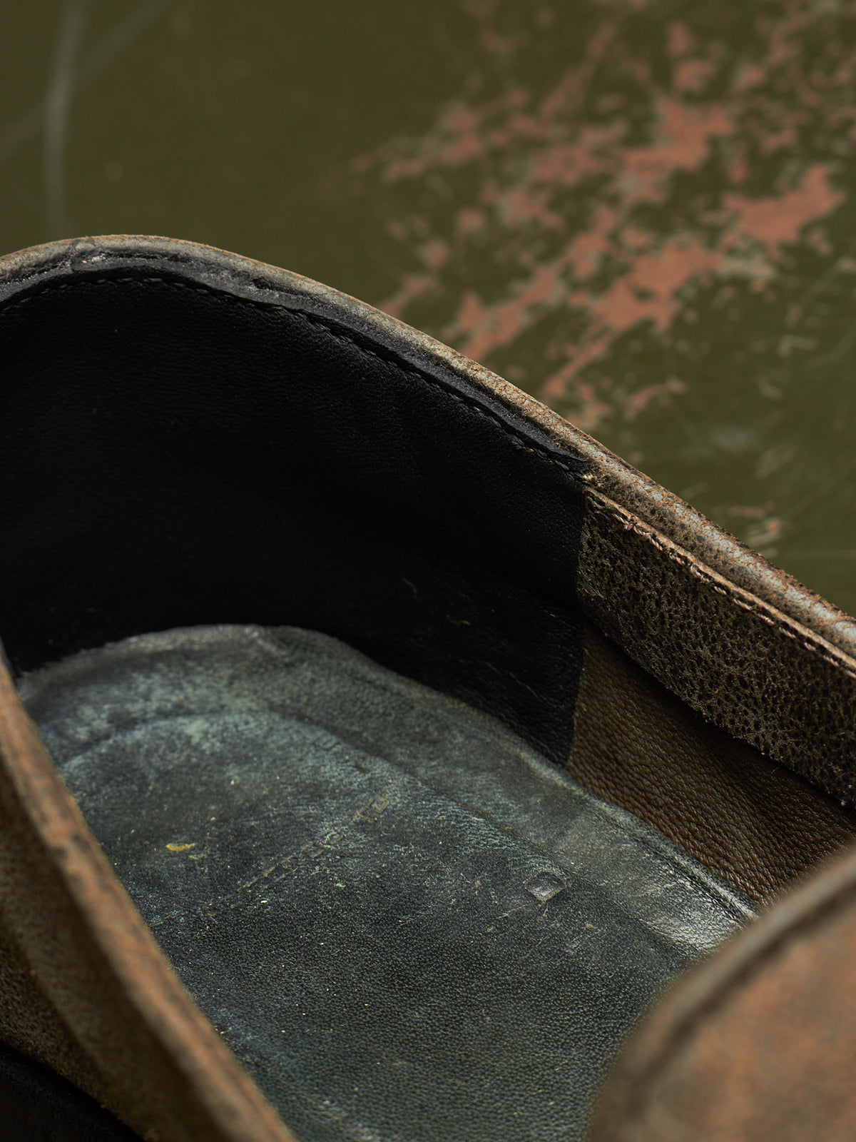 Close-up detail of a brown leather shoe or boot interior, showing the dark insole and stitched edge against a textured green and rust background.