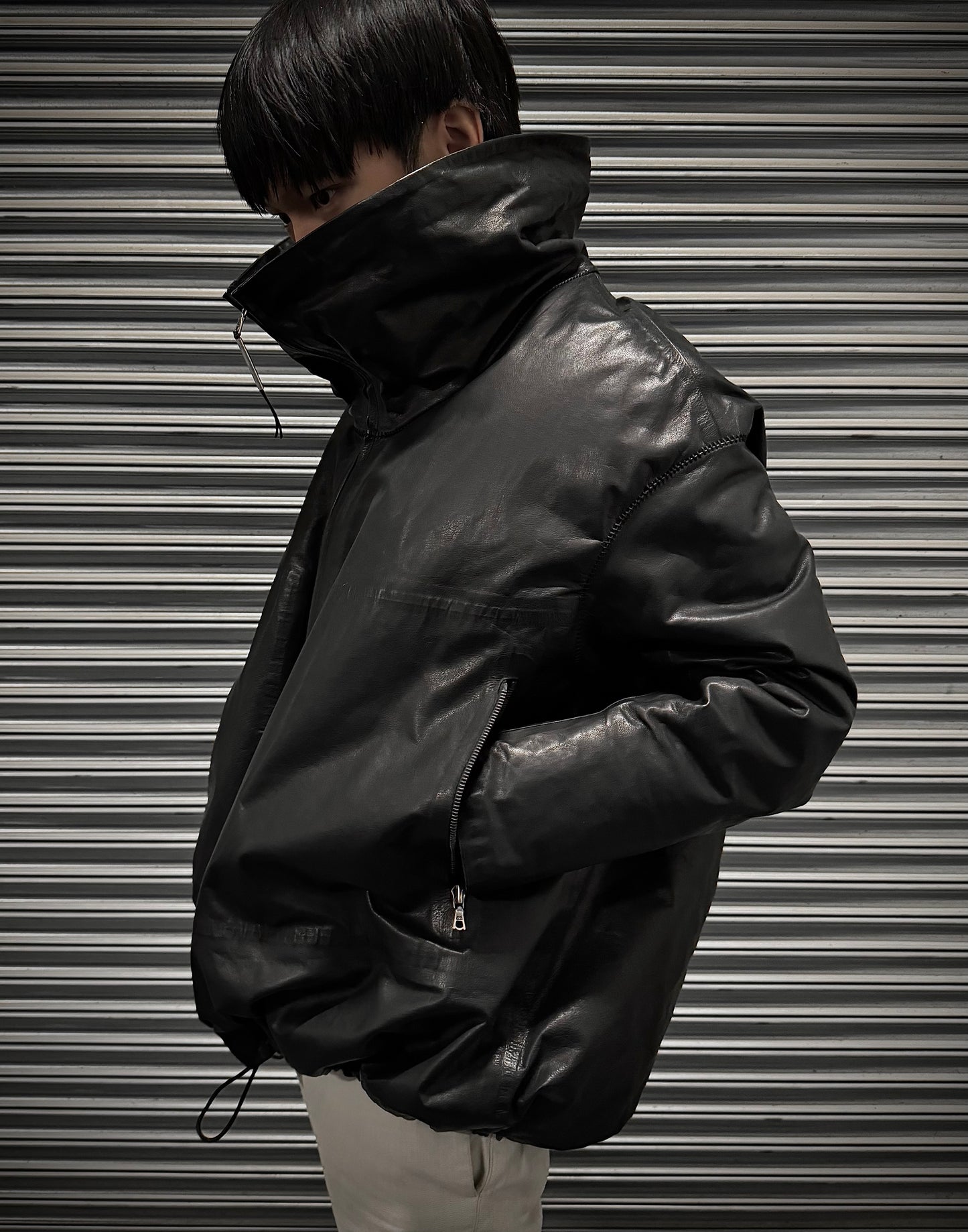 Isaac Sellam: "Experience" High Neck Calf Leather Down Puffer Jacket