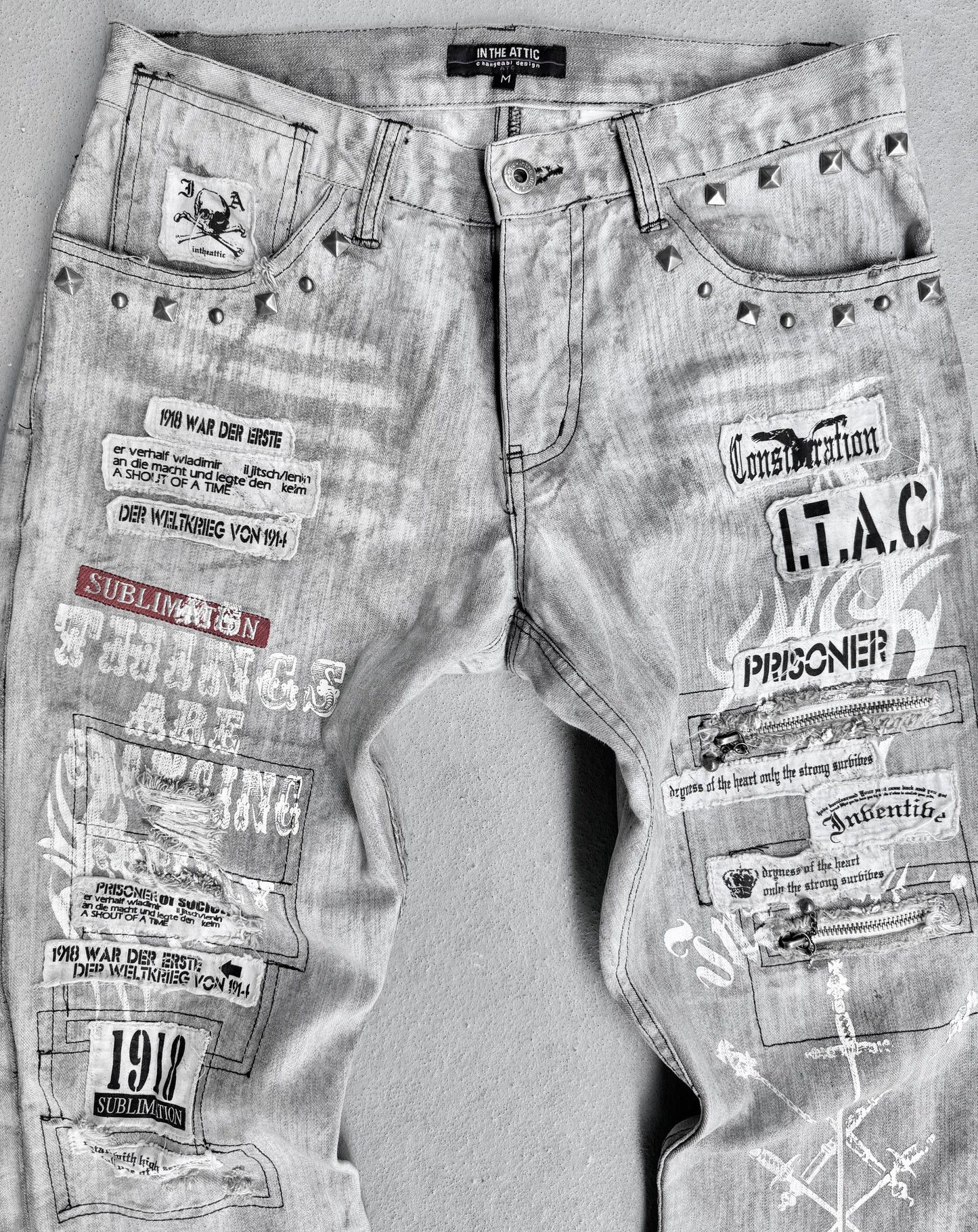 InTheAttic Early 00s Bleach-dyed Punk Patchwork Bootcut Flare Denim
