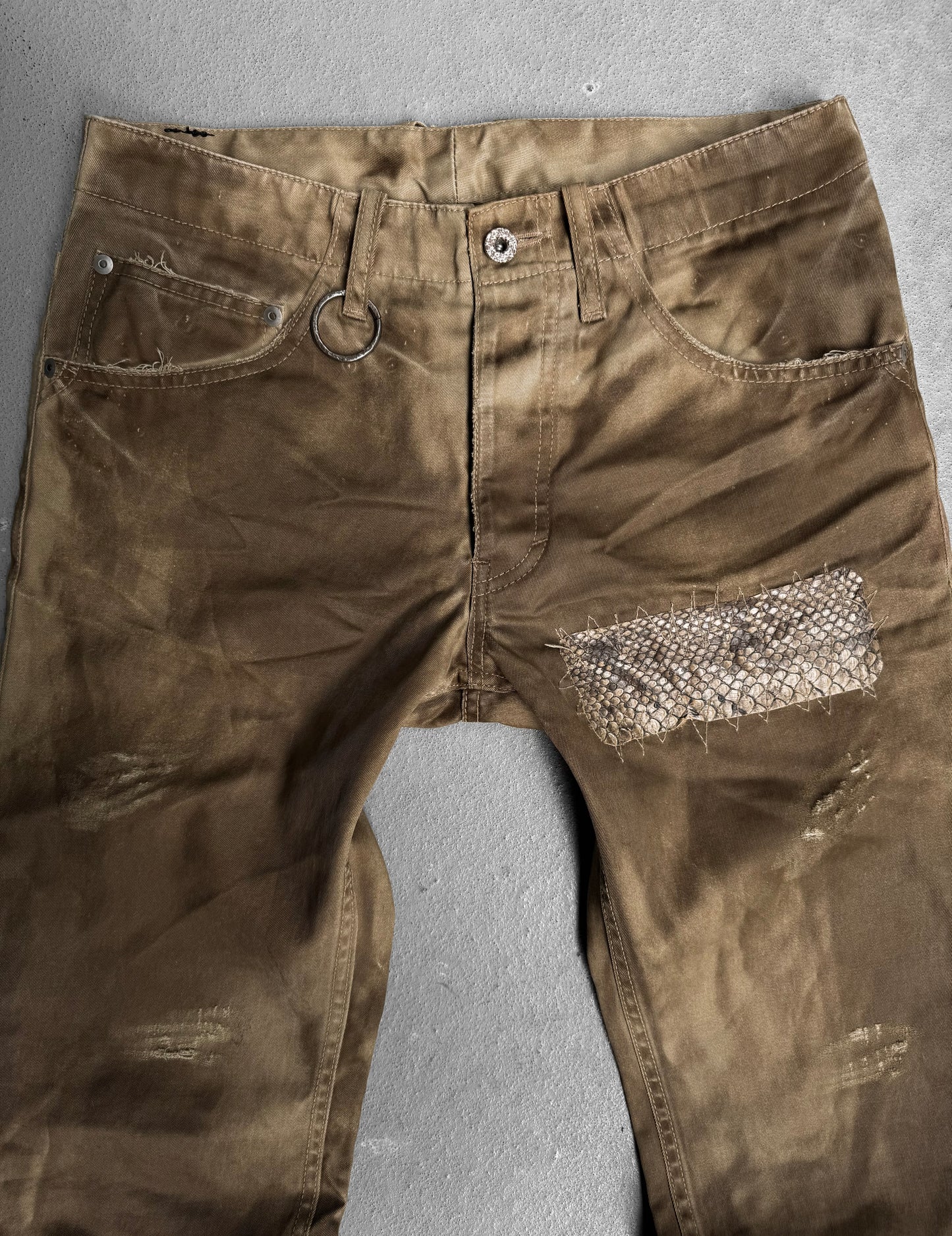 Isamu Katayama “BACKLASH” SS11 Dirty Mud-washed Python Skin Patches Chino Bootcut Pants