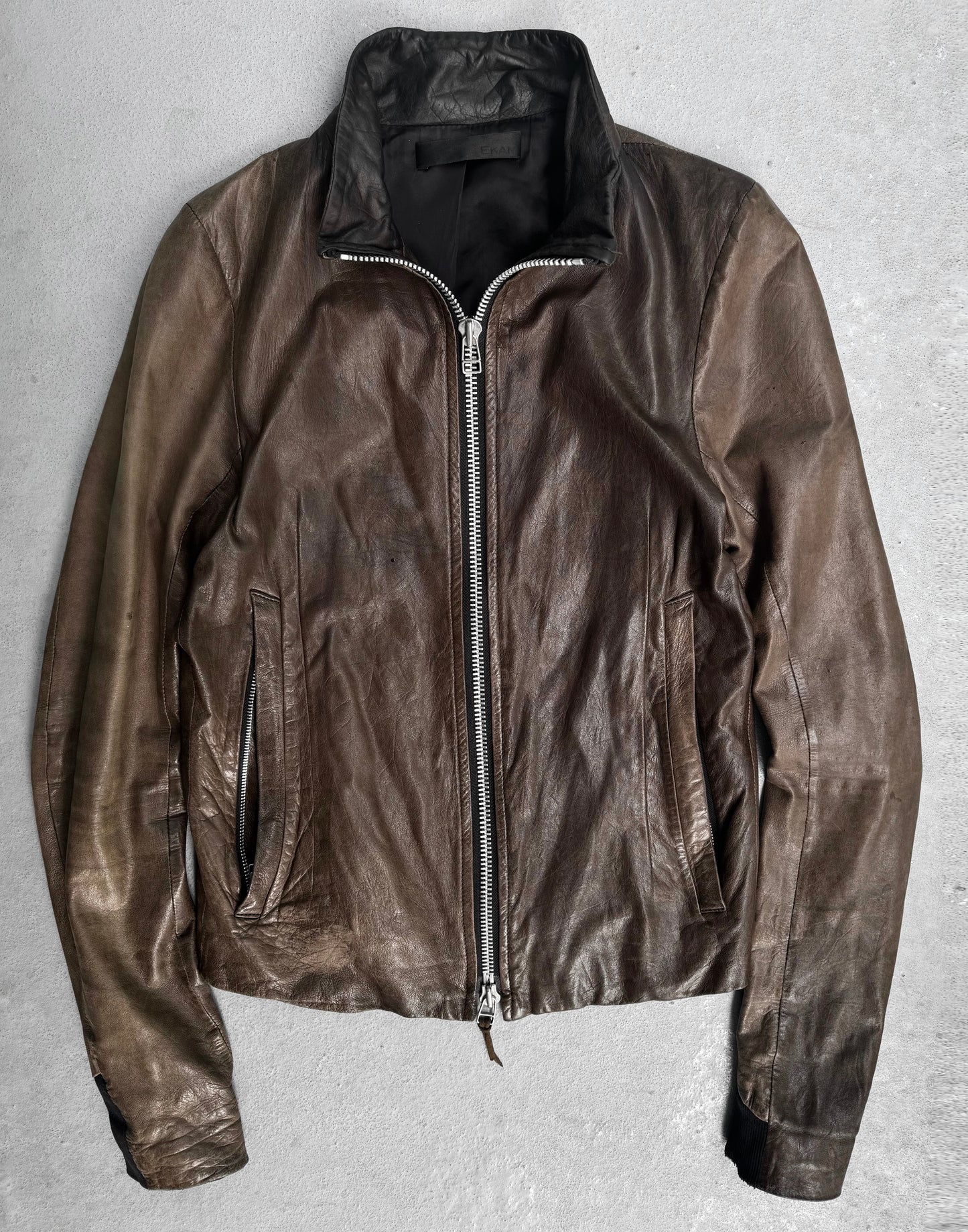 EKAM Early 00s Garment-dyed Brown Sheepskin Leather Single Rider Jacket
