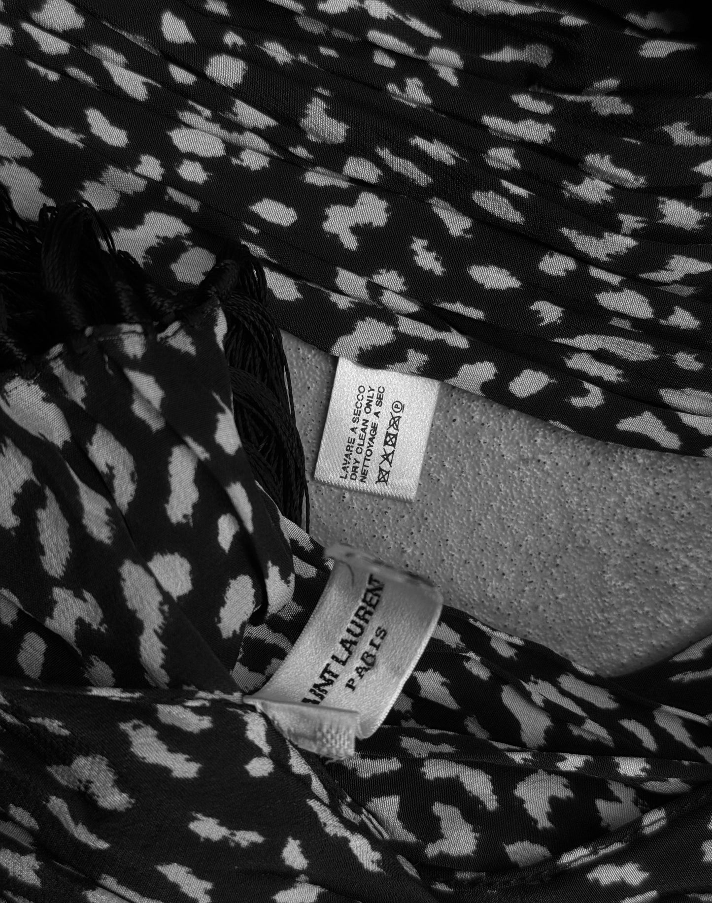 Saint Laurent Paris SS13 Black & White Leopard Print Silk Fringe Scarf