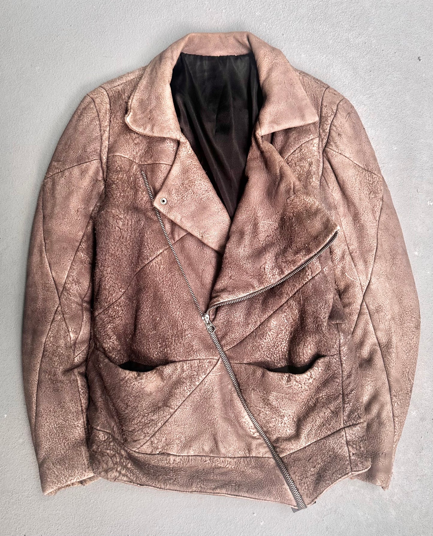 L.H.P Early 00s Distressed Sheepskin Asymmetrical Down Puffer Jacket