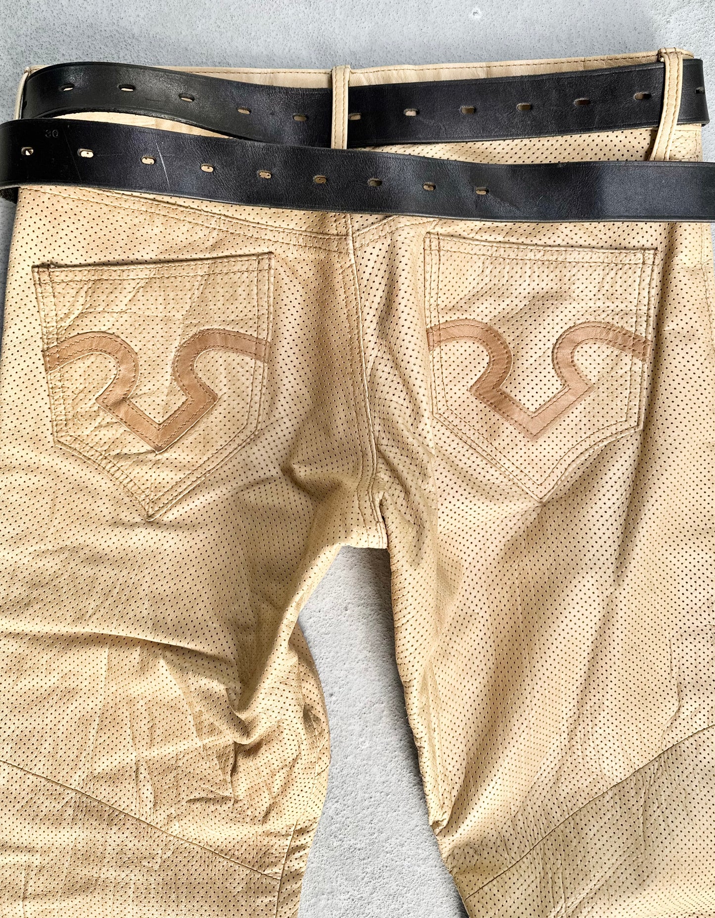 Obelisk Early 00s Perforated Cowhide Leather Bootcut Flare Pants