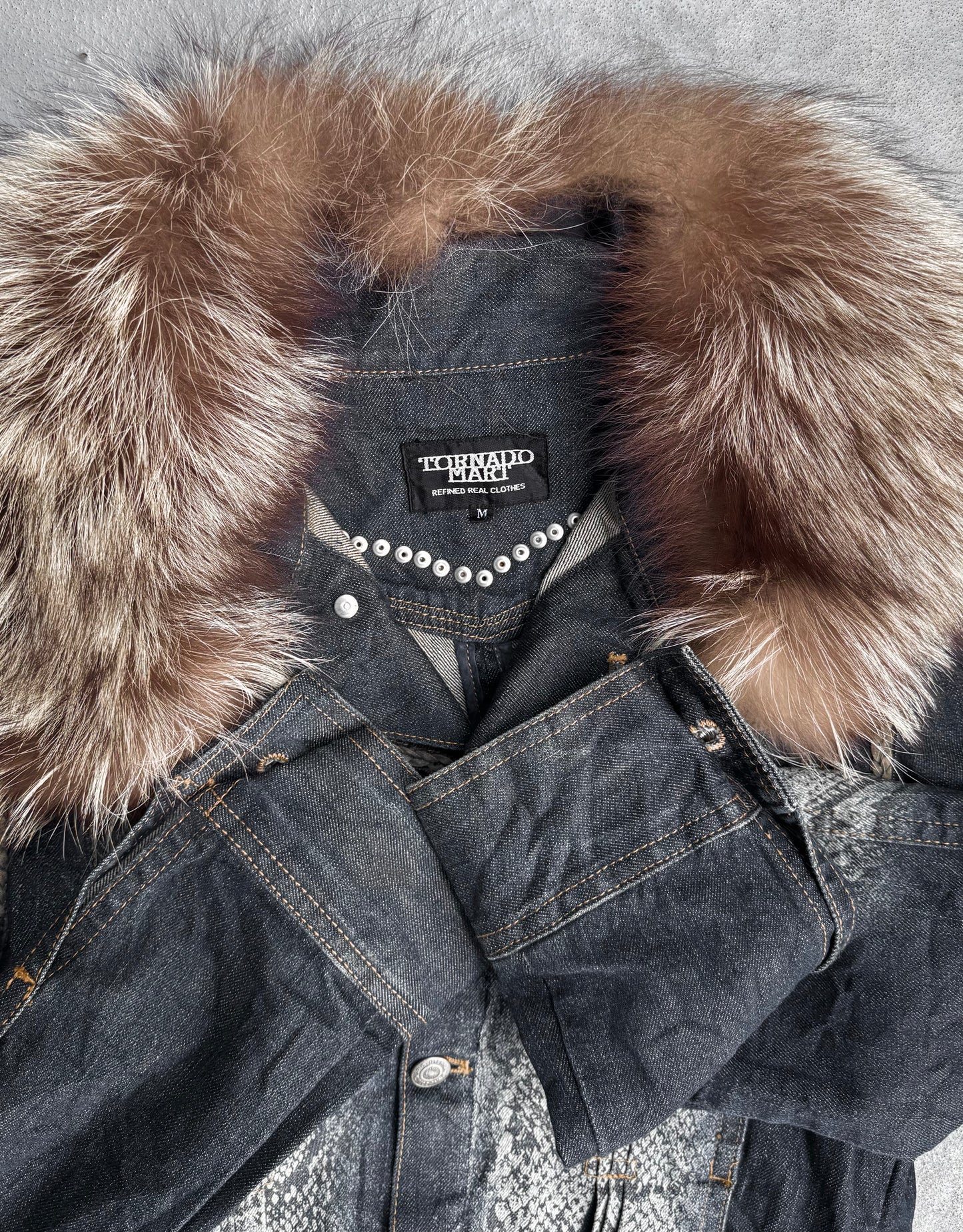 Tornado Mart Early 00s Fur Collar Python-Print Trucker Denim Jacket