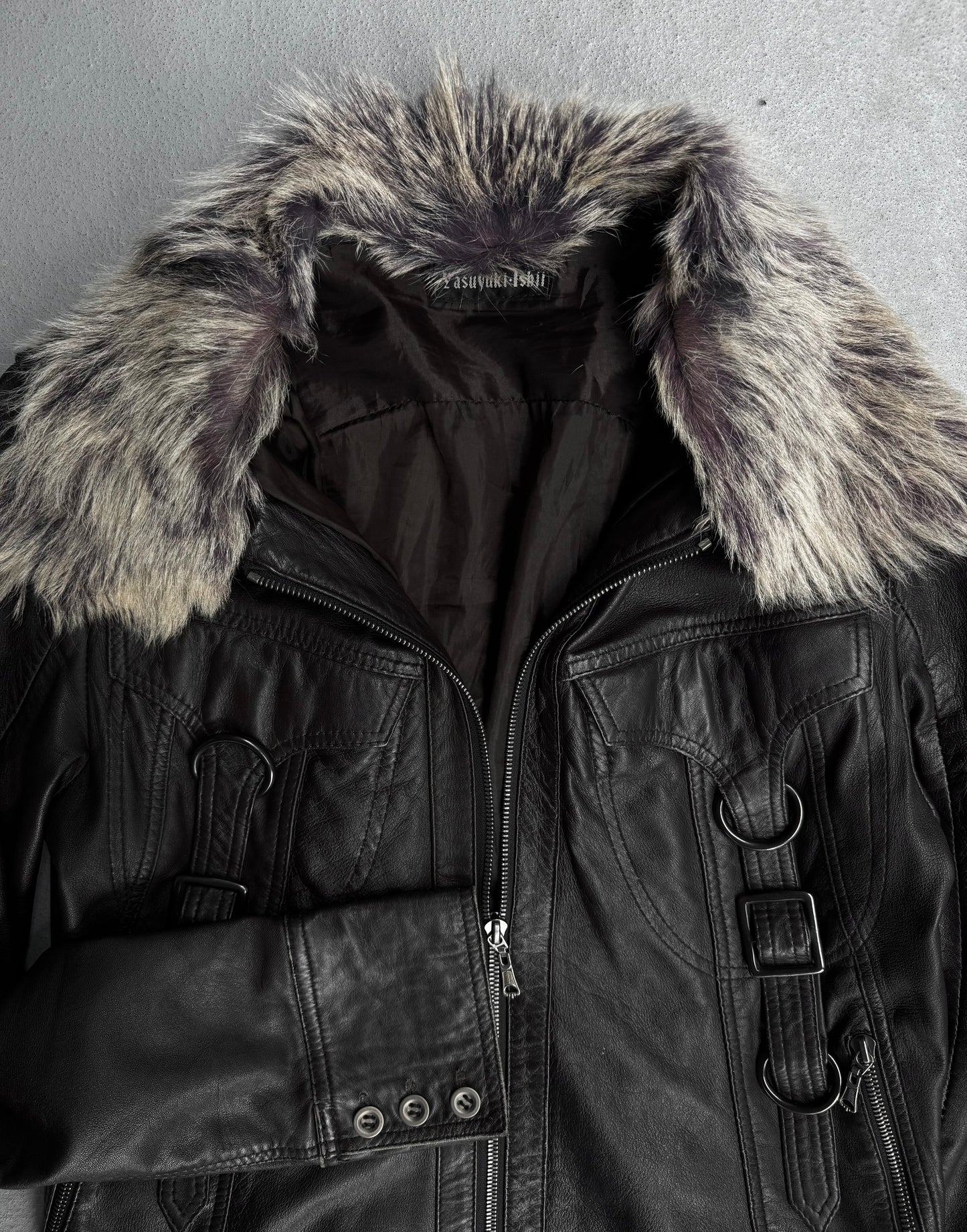 Yasuyuki Ishii Early 00s Detachable Fur Collar Gas-Mask Lambskin Leather Jacket