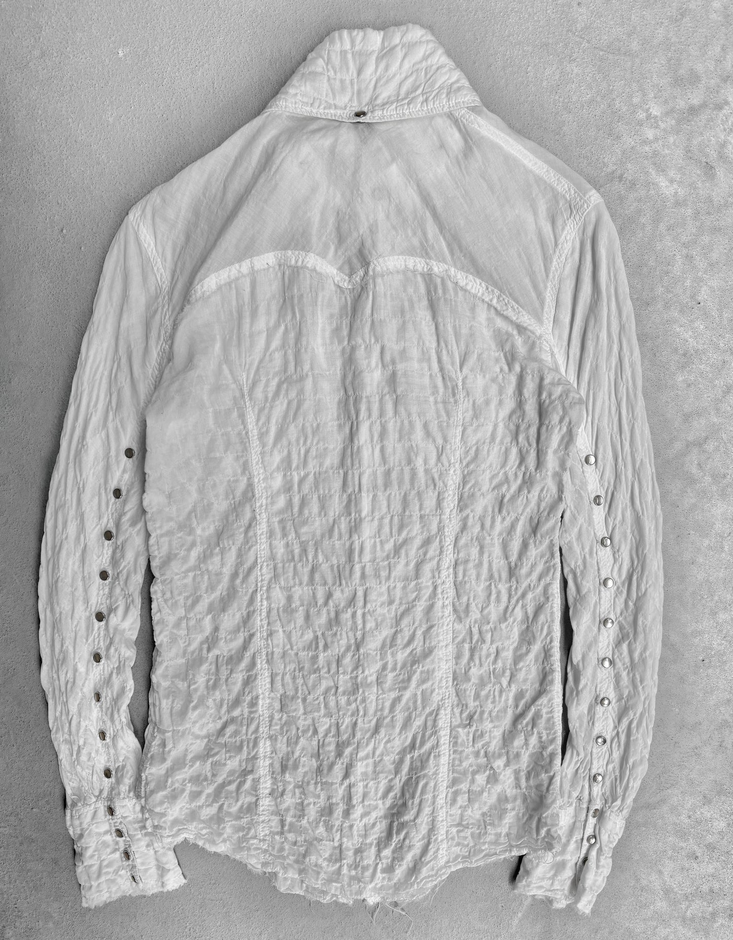 L.G.B. Early 00s Distressed White Cotton Gauze Snap Western Shirts
