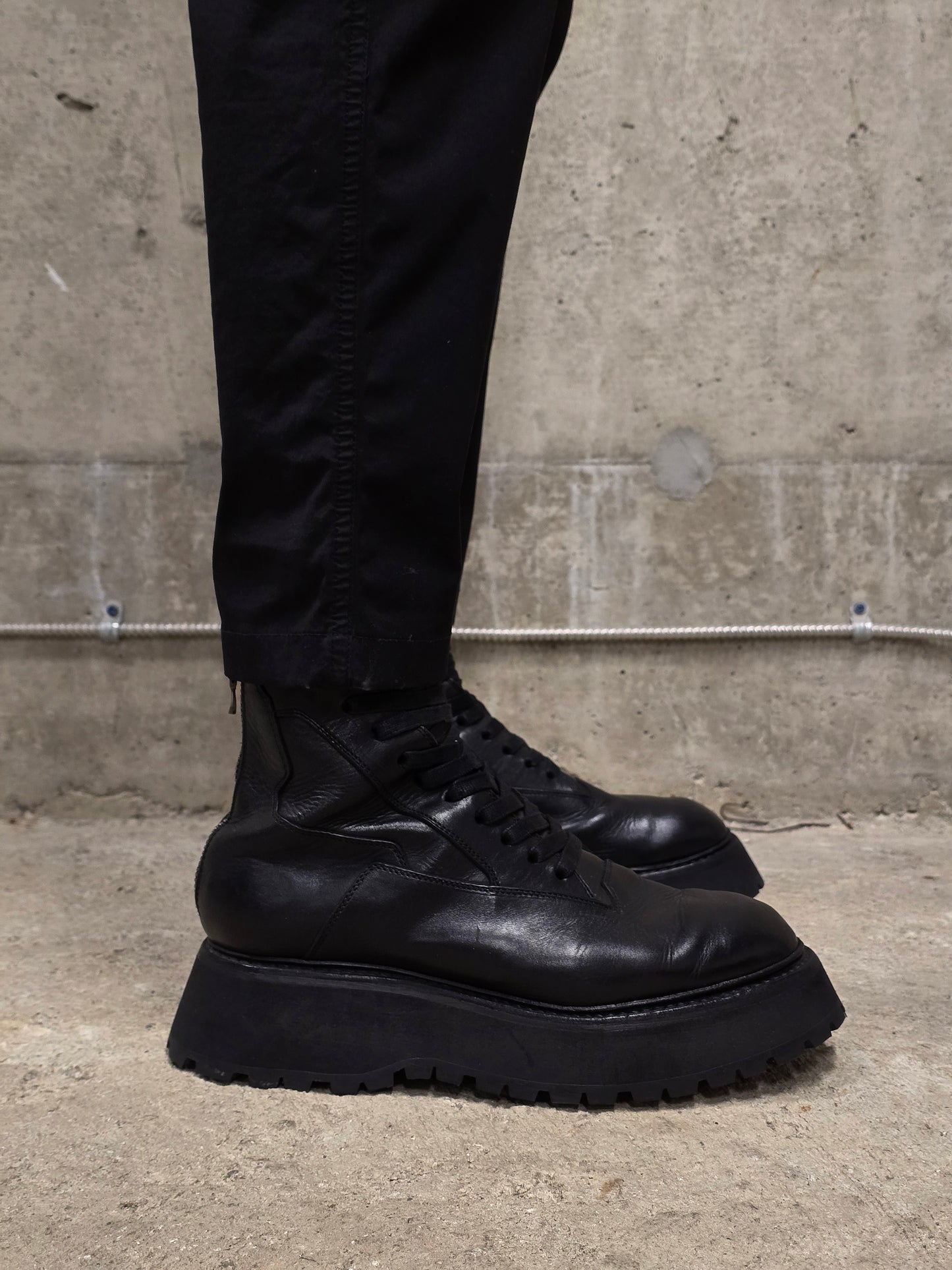 Julius_7 Pre-SS22 'Writhe;' Back Zip Front Lace Cow Leather Chunky Military Boots