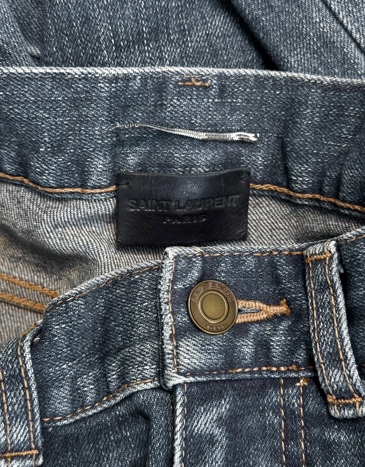 Saint Laurent Paris AW17 Blue “D02” One Knee Slit Skinny Denim