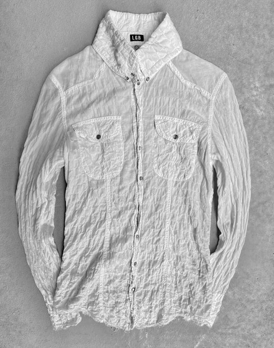 L.G.B. Early 00s Distressed White Cotton Gauze Snap Western Shirts