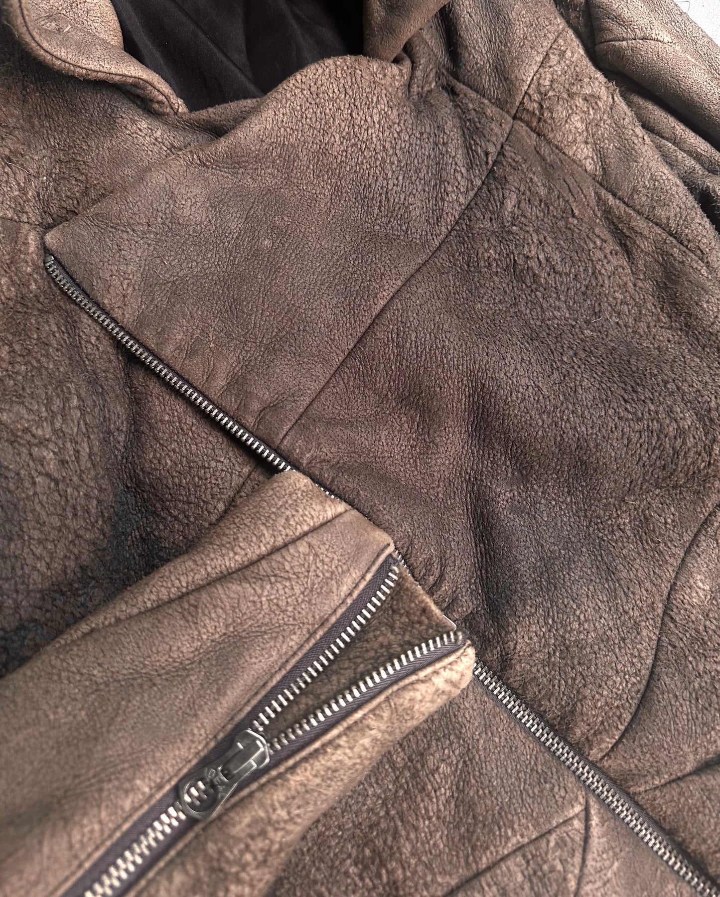 L.H.P Early 00s Distressed Sheepskin Asymmetrical Down Puffer Jacket