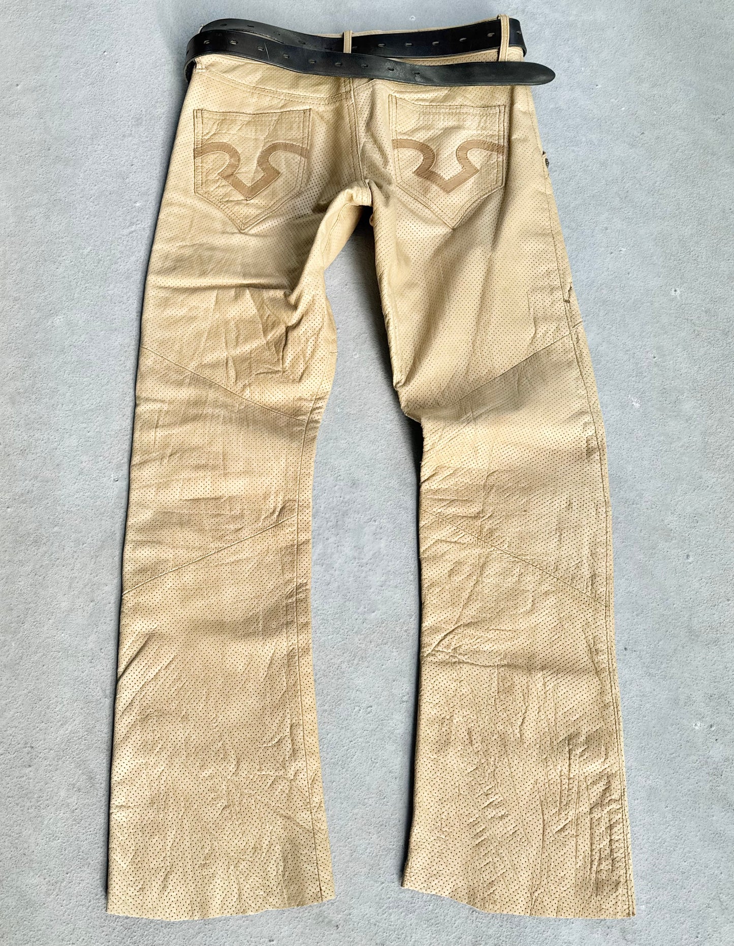 Obelisk Early 00s Perforated Cowhide Leather Bootcut Flare Pants