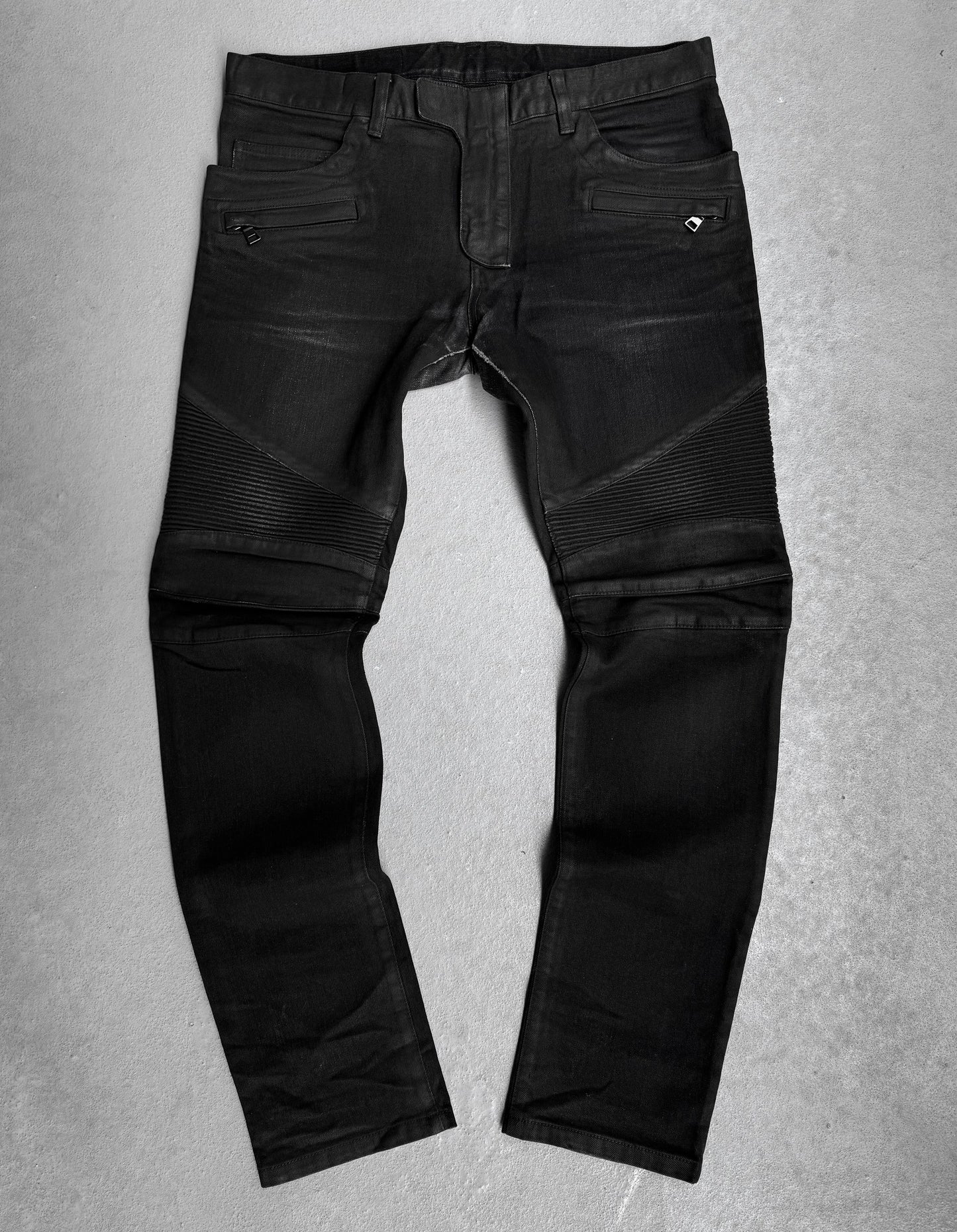 BALMAIN by Olivier Rousteing AW15 Waxed Black Biker Denim