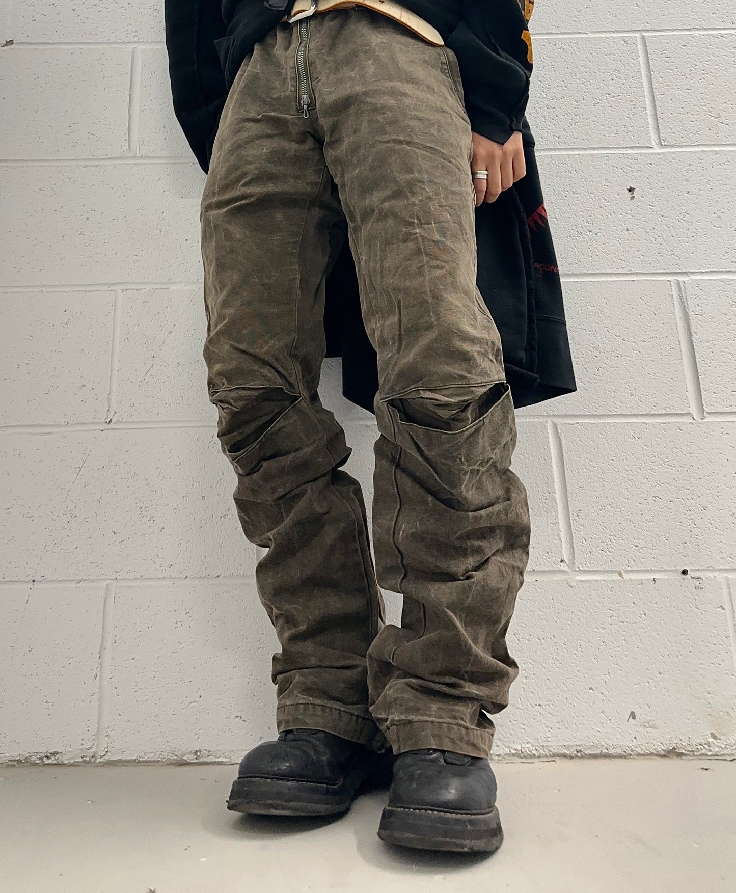 RipVanWinkle Early 00s ‘Front-zip’ Distressed Wax Bootcut Denim