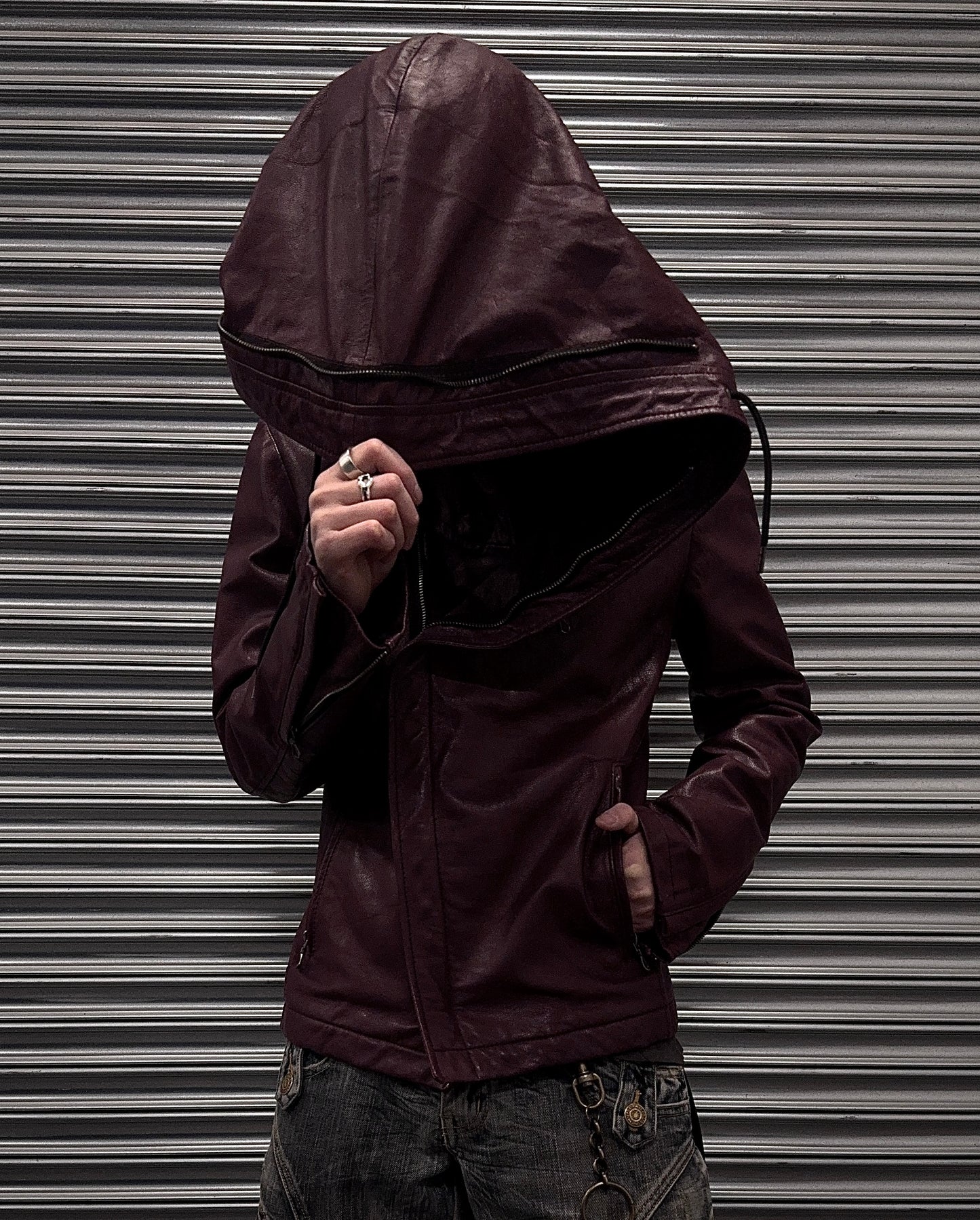 KATHARINE HAMNETT Early 00s Convertible ‘Alien’ Leather Hooded Rider Jacket