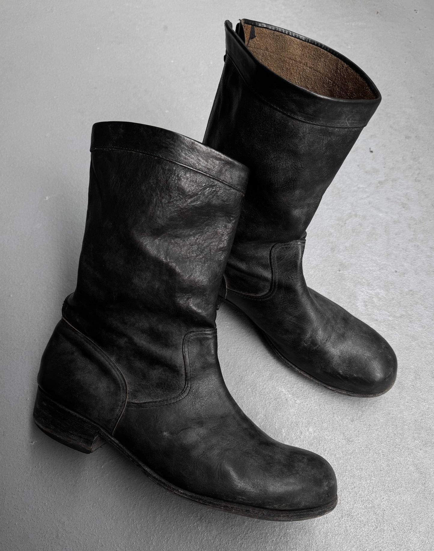 ATTACHMENT by Kazuyuki Kumagai Early 00s Charcoal Grey Calfskin Leather Back-zip Boots