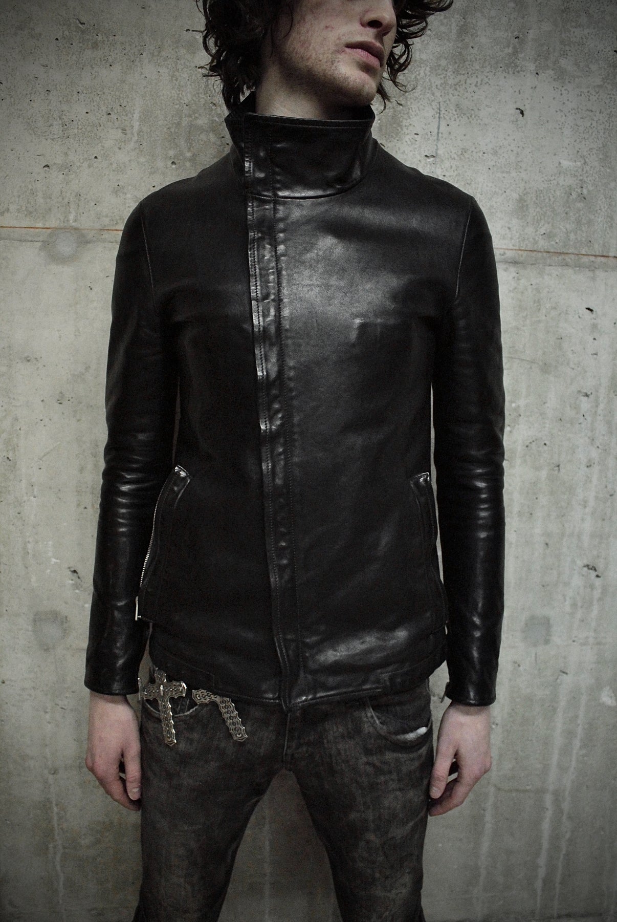 Carol Christian Poell 'LM/2599GP CORS-PTC/010' Object-dyed Lined Arthostic Titanium Elbow Horse Leather Jacket