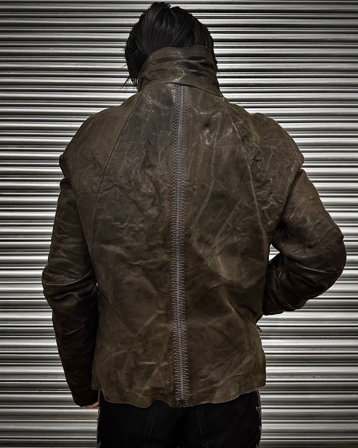Isaac Sellam: “Experience” Brown Padded Lambskin Seamless Crasse-Pouille Spine Jacket