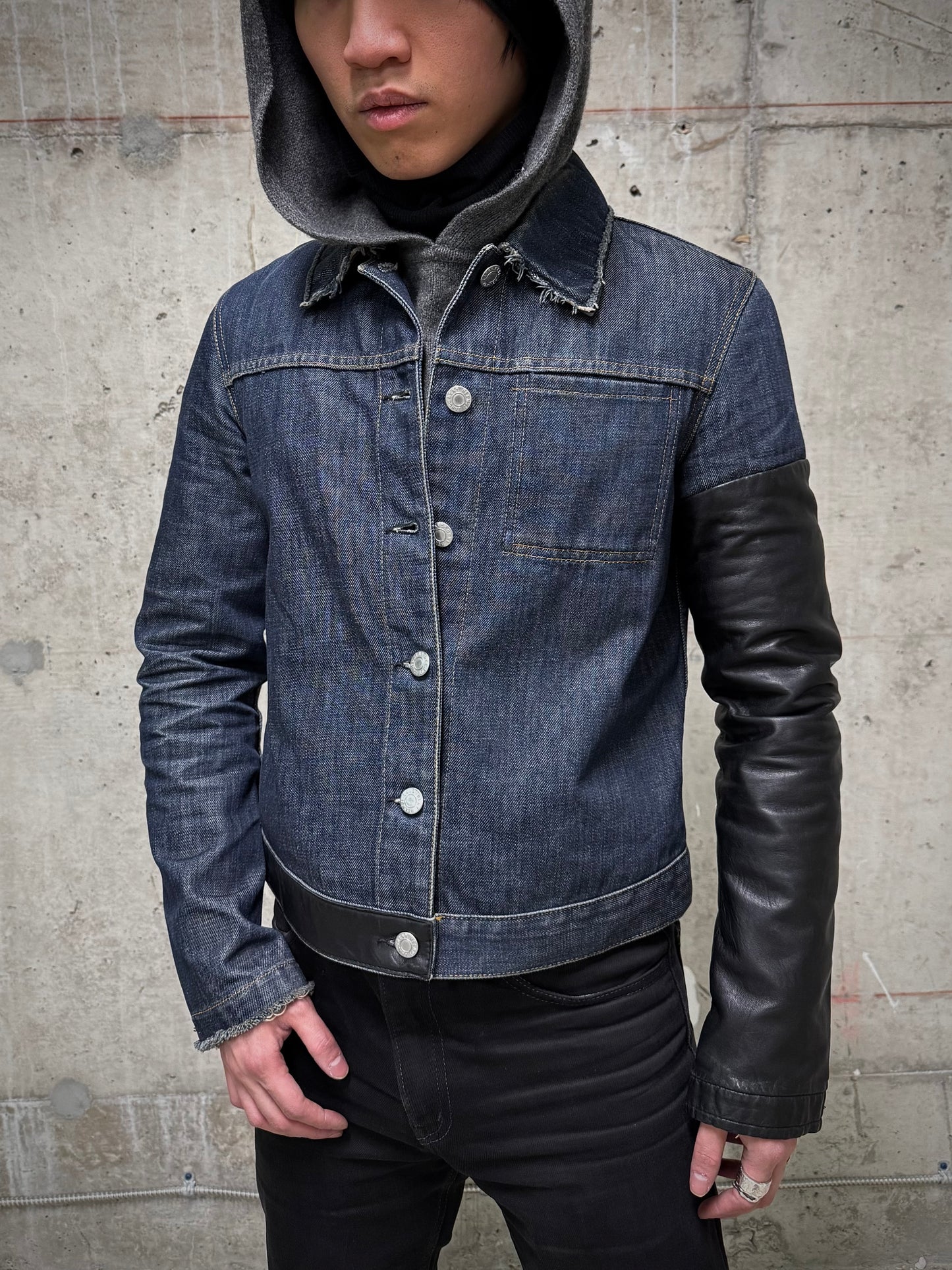 Helmut Lang SS03 Hybrid Lamb Leather Sleeve Raw Denim Jacket