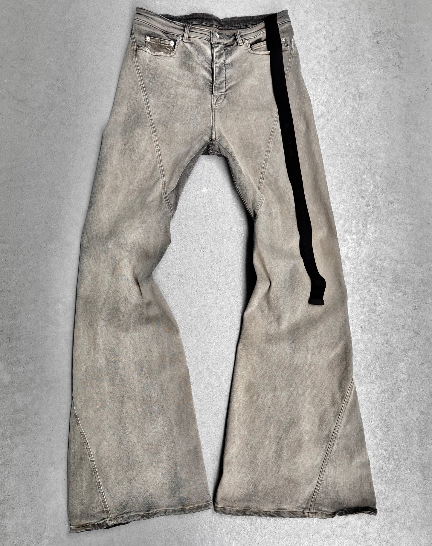Rick Owens DRKSHDW AW23 “LUXOR” Mineral Wash ‘Bias’ Spiral Flare Bootcut Denim