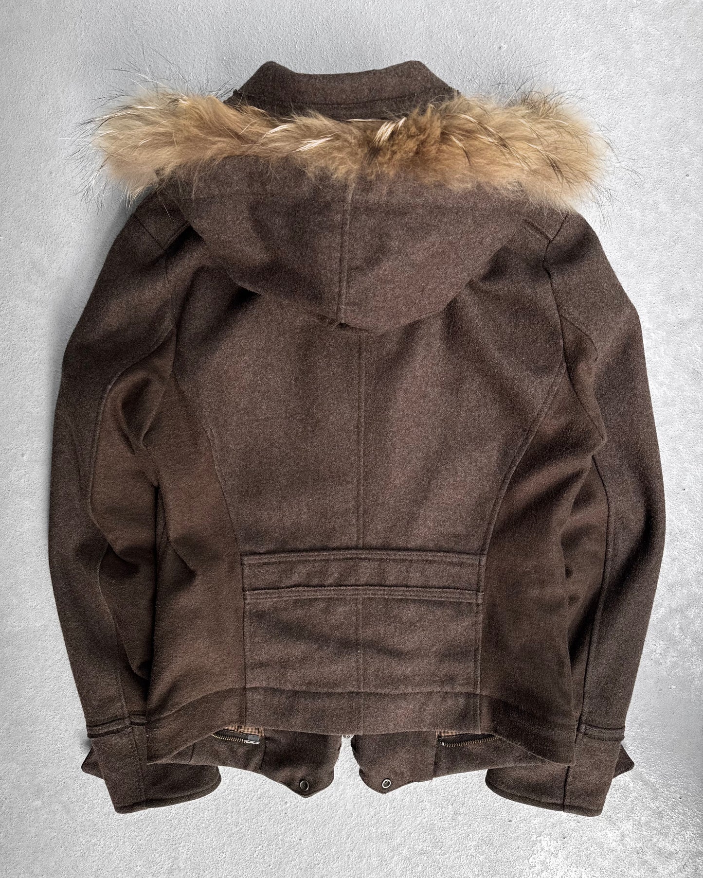 PPFM Early 00s Convertible ‘Napoleon’ Brown Fur Hooded Military Zip-up Wool Jacket