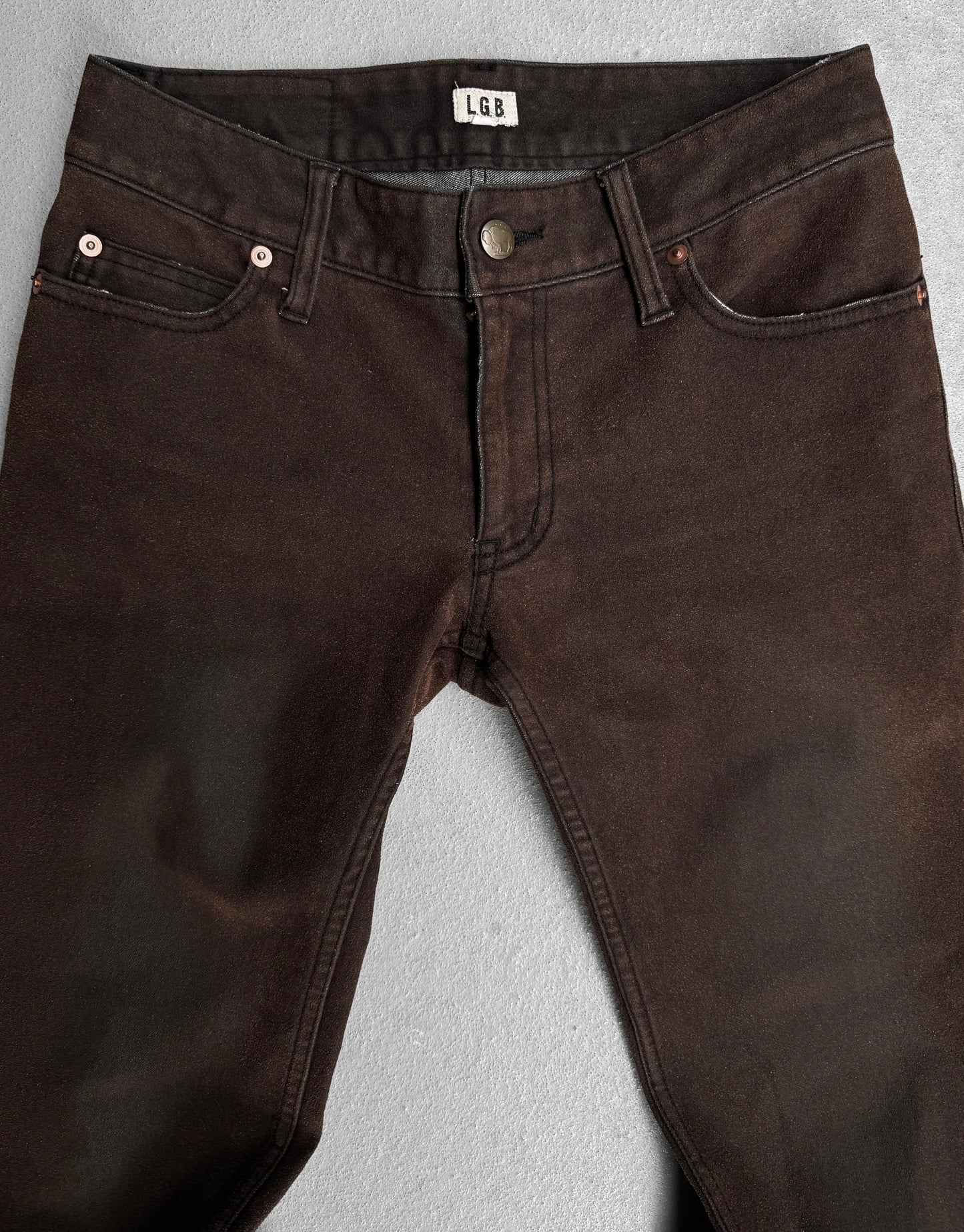 L.G.B. Early 00s Waxed Brown Bell-bottom Flare Denim