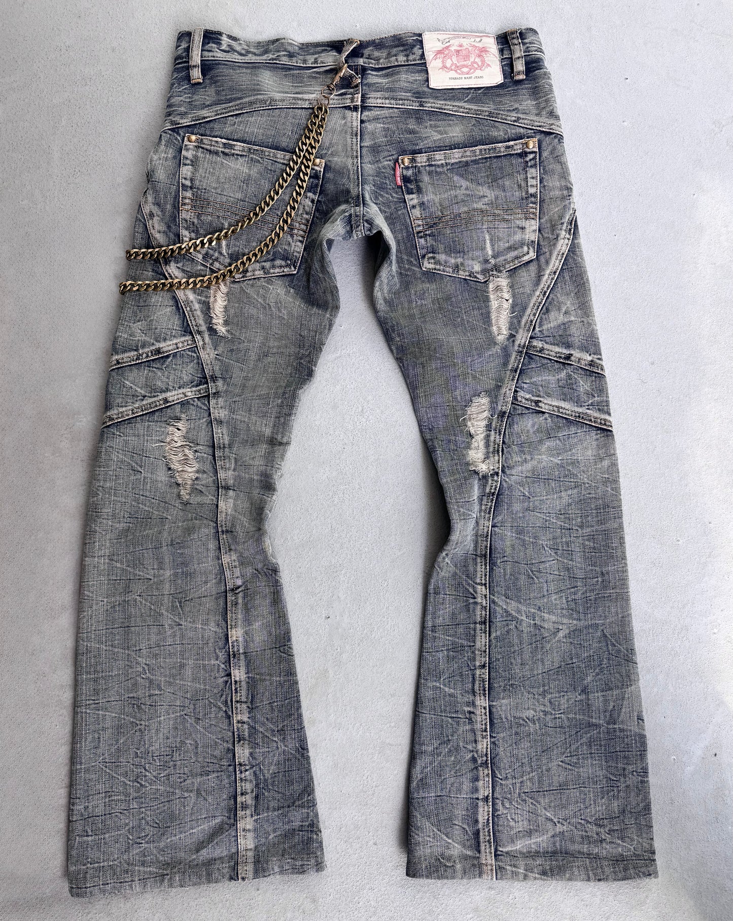 Tornado Mart Early 00s Faded Blue Distressed Flare Bootcut Denim