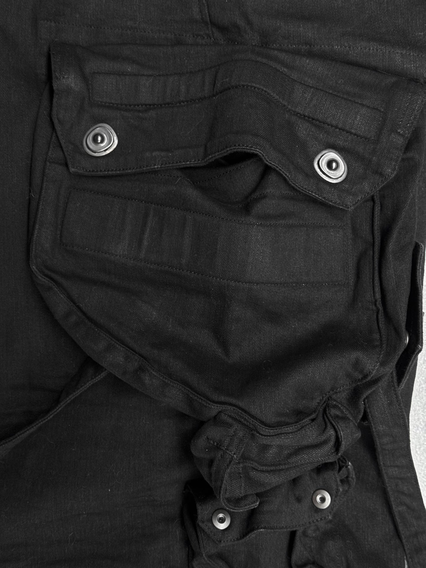 Julius_7 AW21-22 “Resilience;” 10.5 oz Stretch Denim Shapeshifting Gas-Mask Cargo Pants