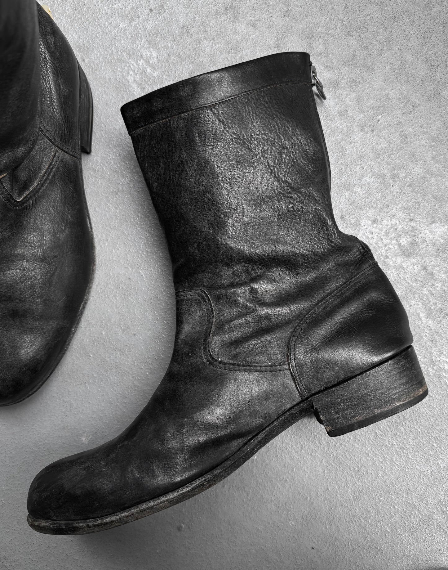 ATTACHMENT by Kazuyuki Kumagai Early 00s Charcoal Grey Calfskin Leather Back-zip Boots