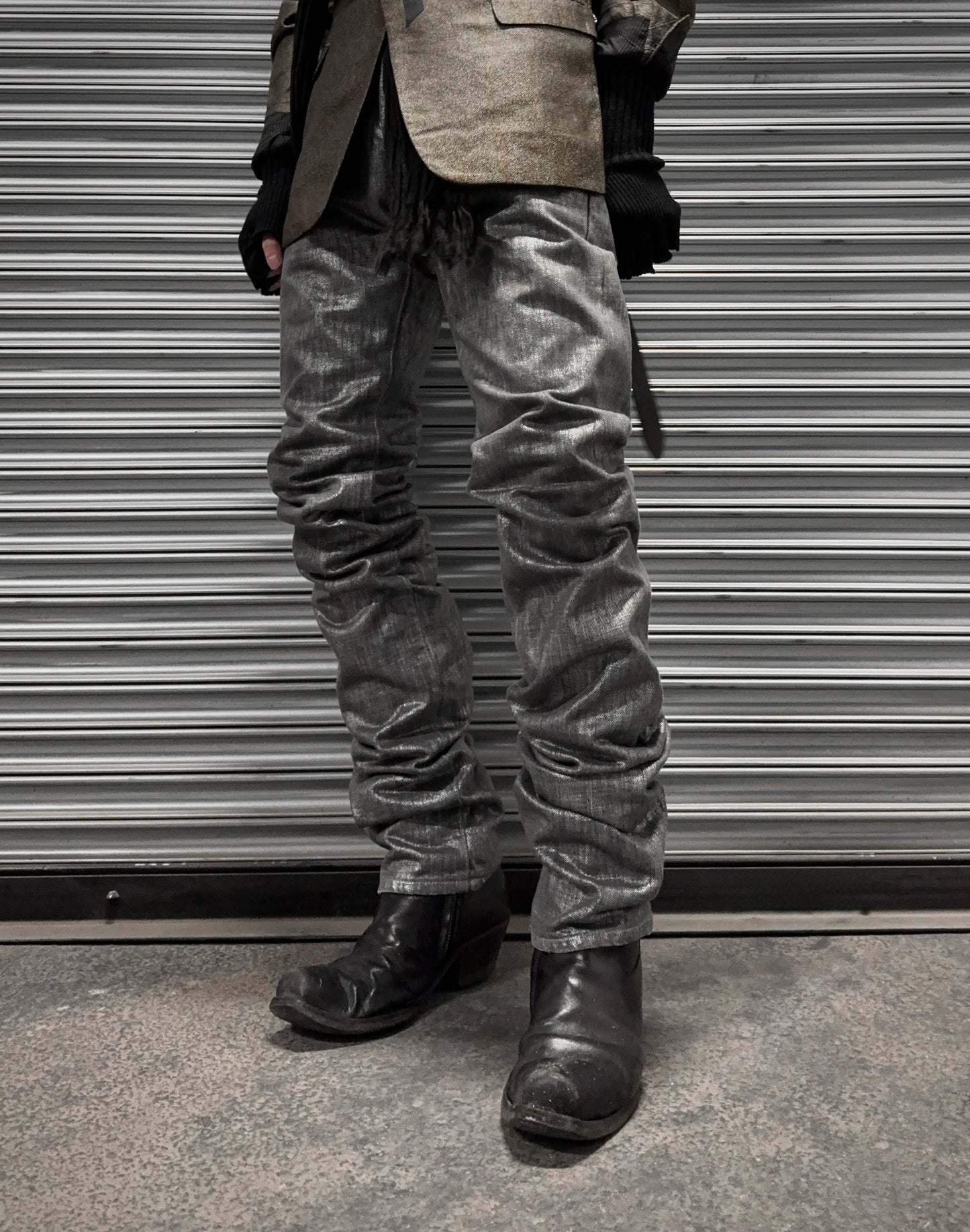DIOR HOMME AW06 “These Grey Days” Silver Accent Waxed Claw-mark Skinny Denim
