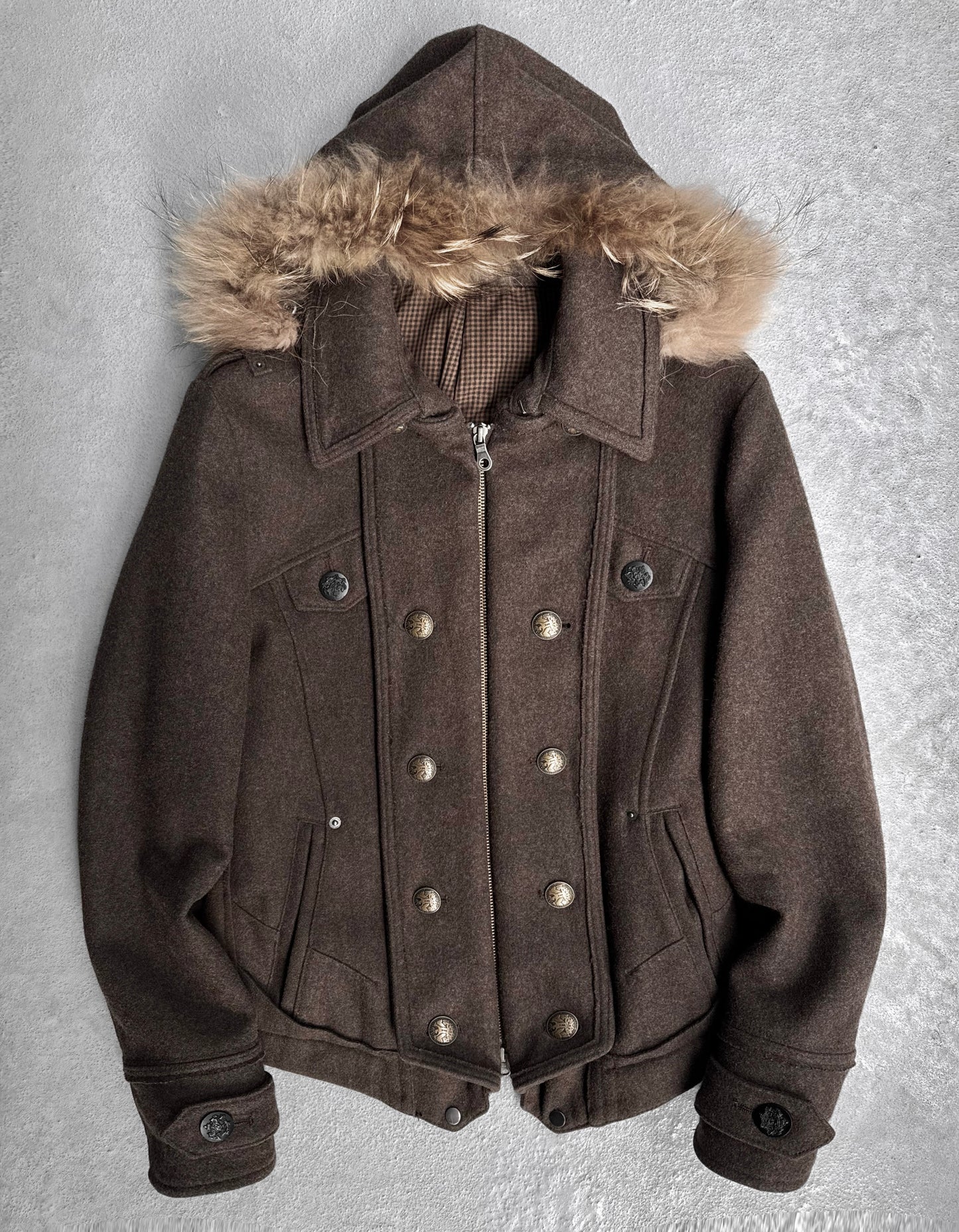 PPFM Early 00s Convertible ‘Napoleon’ Brown Fur Hooded Military Zip-up Wool Jacket