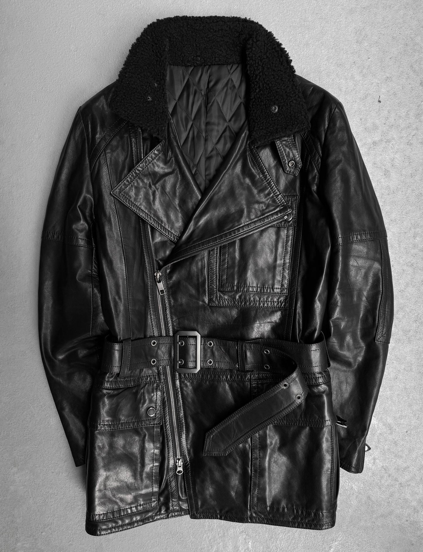 5351 Pour Les Hommes Early 00s Cowhide Leather Belted Moto Trench Coat