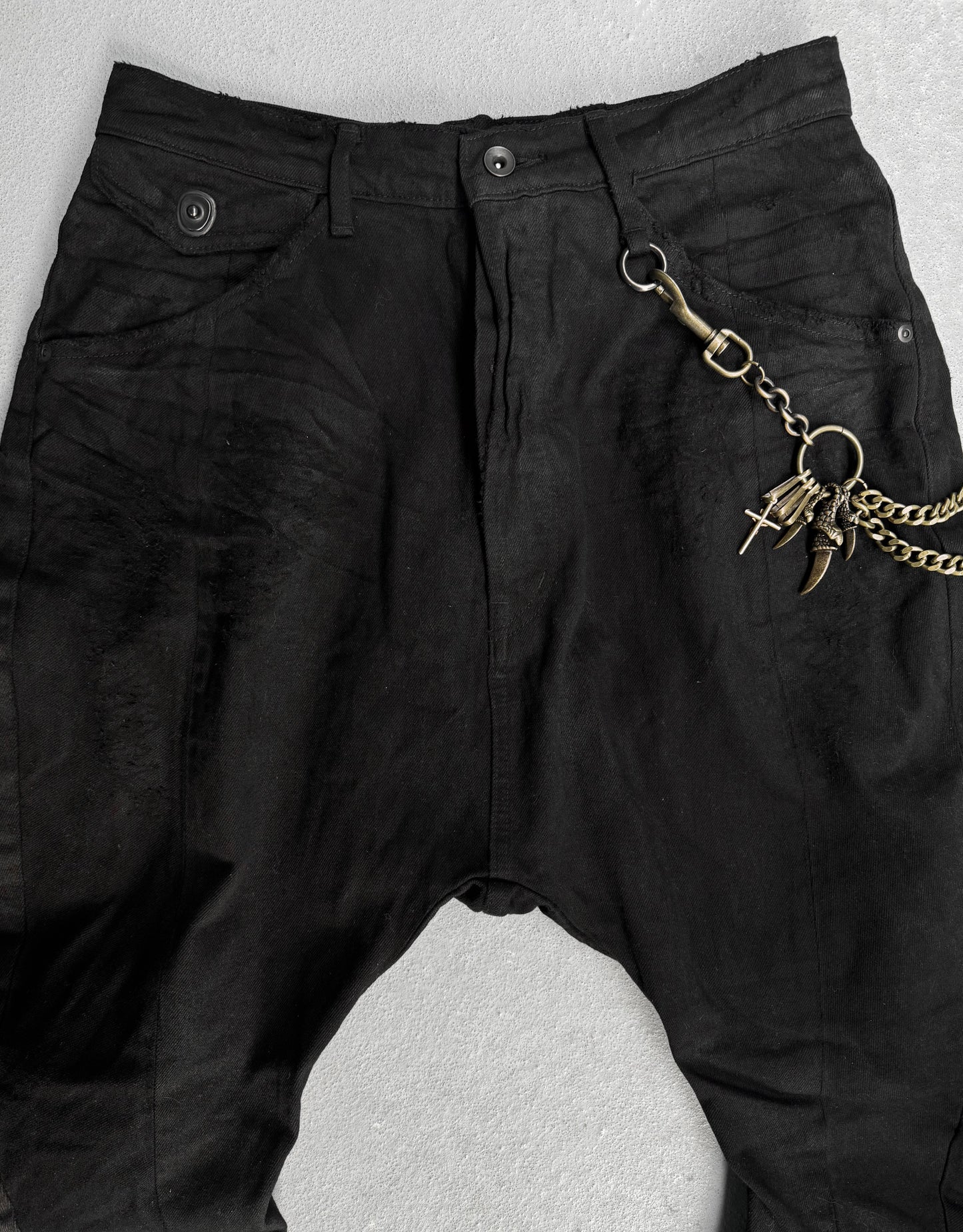 Julius_7 AW11 “goth_ik;” Distressed Twisted Cut Zip Denim