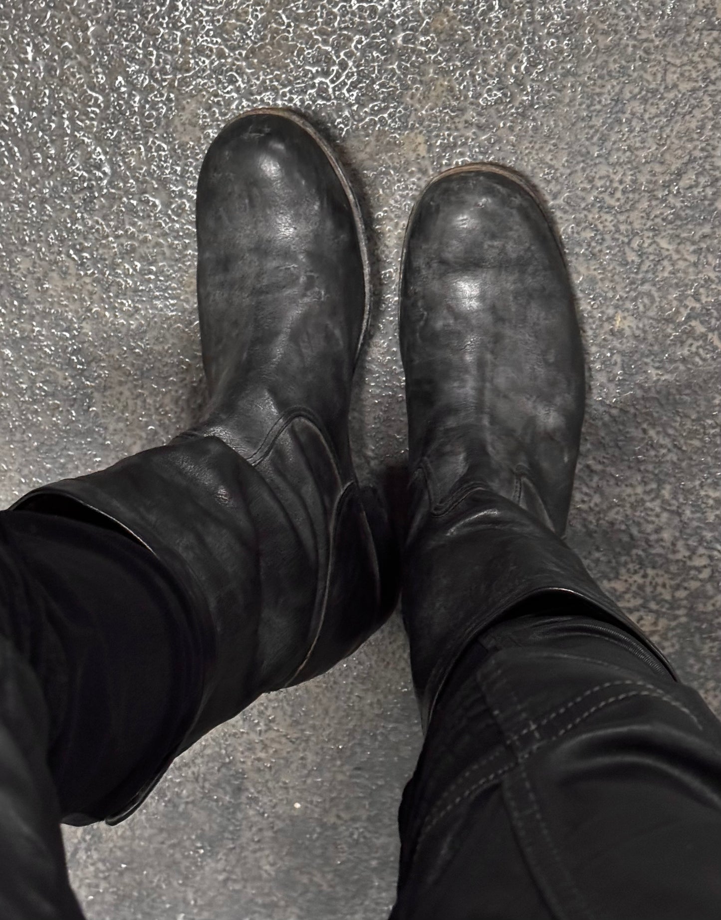 ATTACHMENT by Kazuyuki Kumagai Early 00s Charcoal Grey Calfskin Leather Back-zip Boots