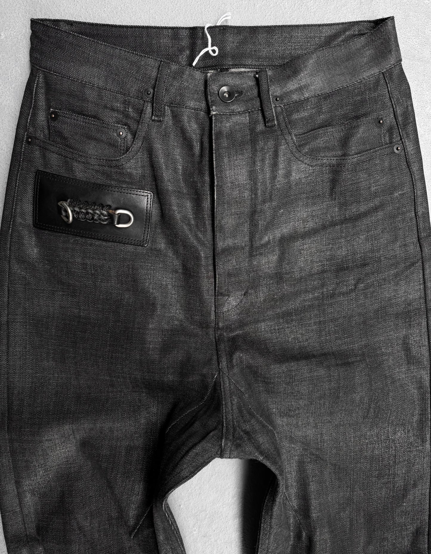 Rick Owens AW17 “GLITTER” Waxed D-Ring Leather Patch Raw Denim Capris