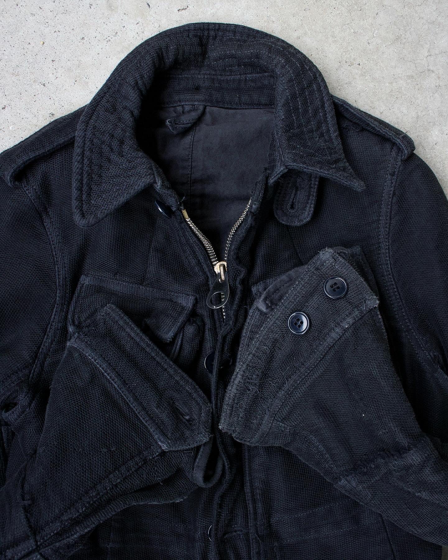 Mihara Yasuhiro AW05 Distressed Layered Mesh Military Jacket (Navy) close up shot item jacket