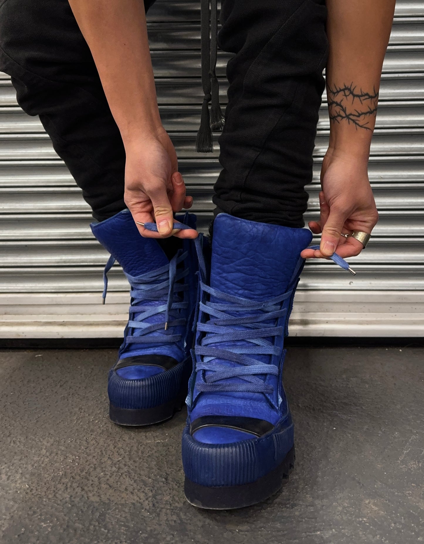 Boris Bidjan Saberi SS16 Object-dyed Yak Skin ‘Bambas’ Nuclear Blue High-top Sneakers
