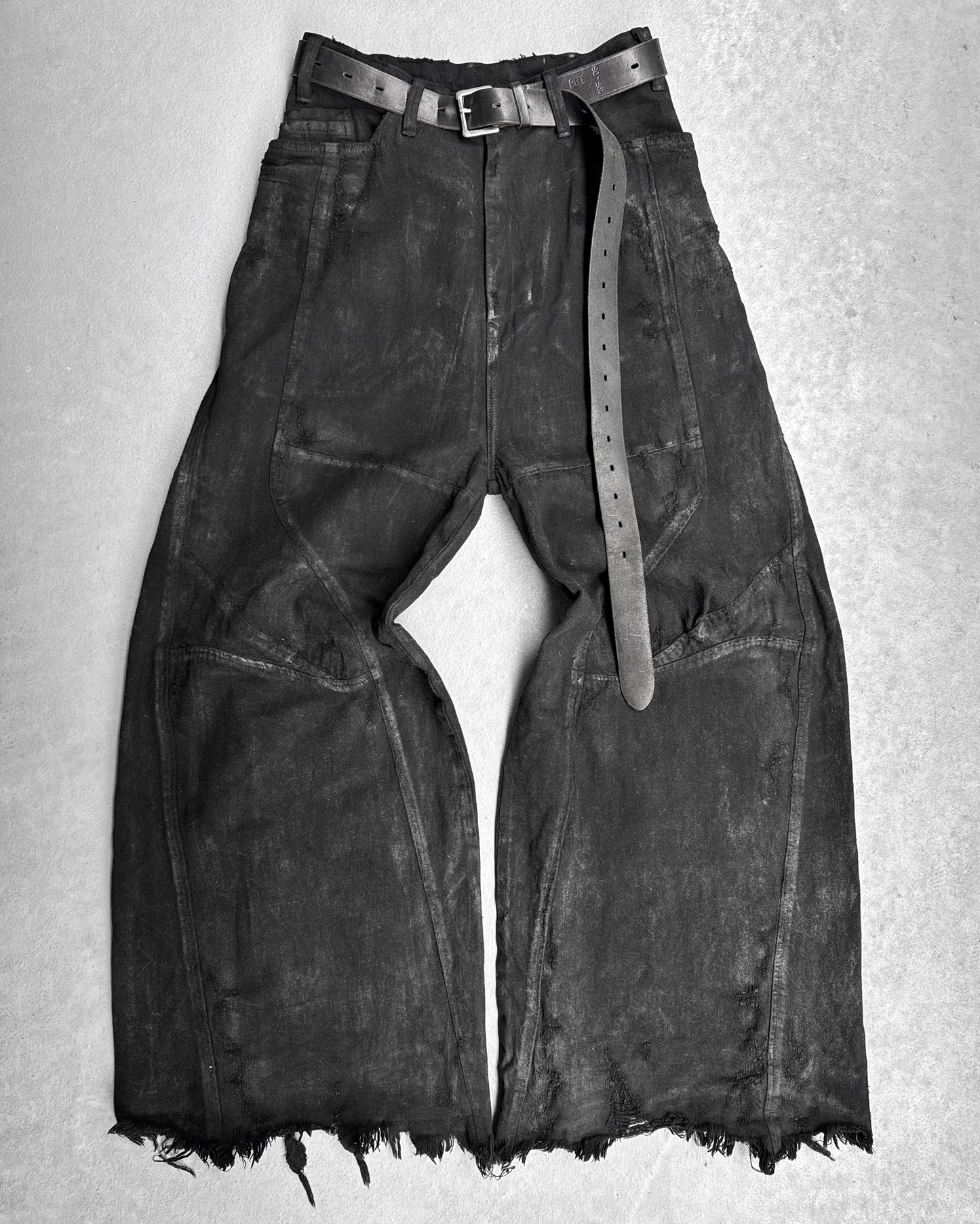 Julius_7 AW24-25 “rift;” Distressed Waxed 10oz Wide-Leg Denim