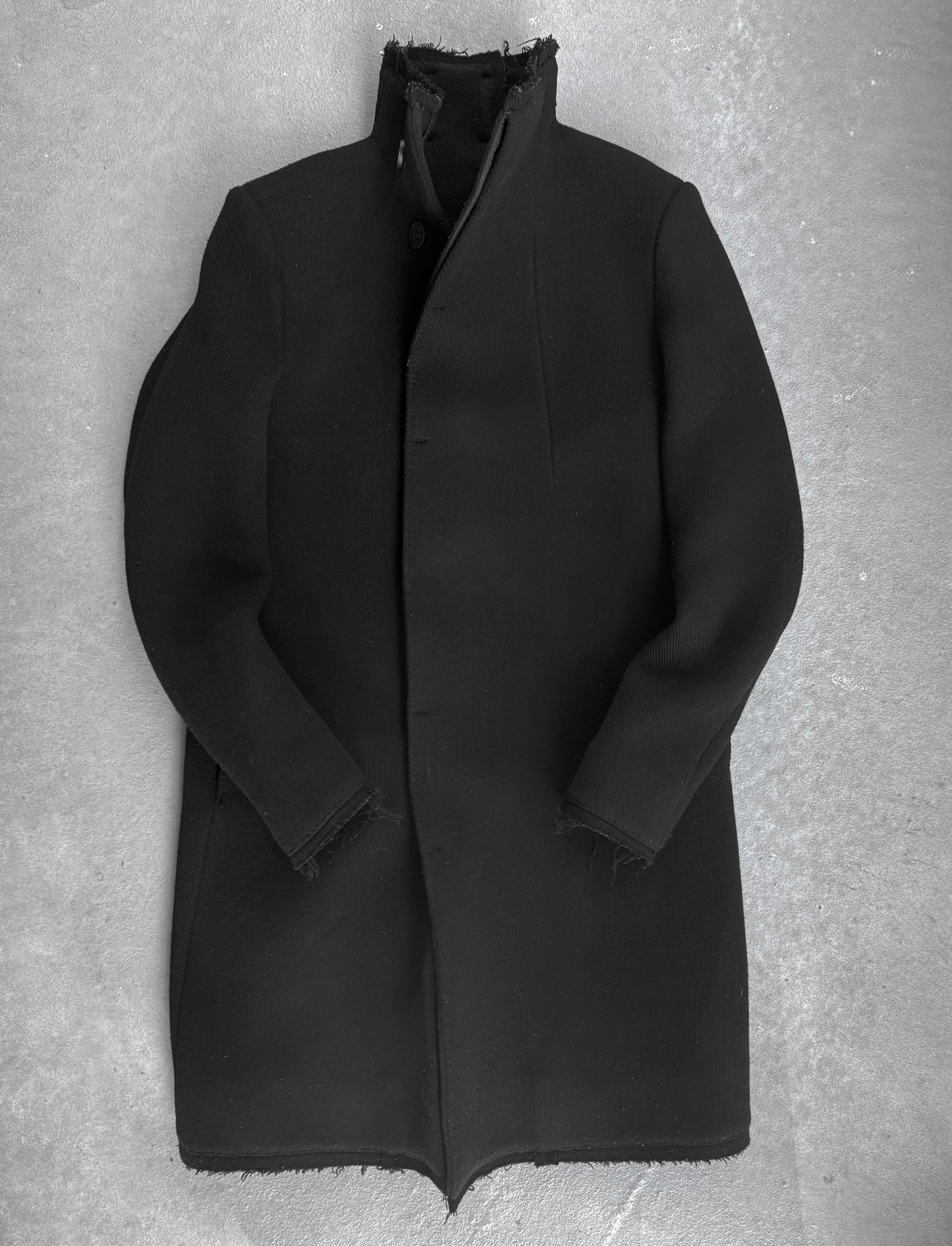 Boris Bidjan Saberi AW21 'COAT MID 1 F19203' Frayed Edge High Neck Wool Coat