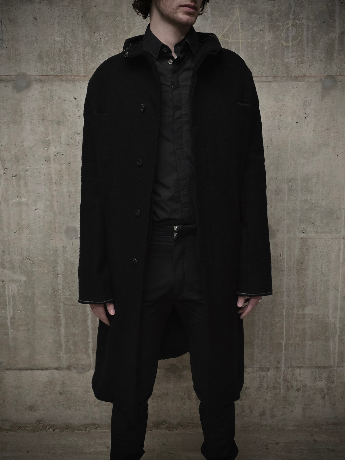 Lost and Found Ria Dunn Lost & Found by Ria Dunn 2010s Removable Hooded Boiled Wool Crepe Coat detail | DRIEW GARMENTS