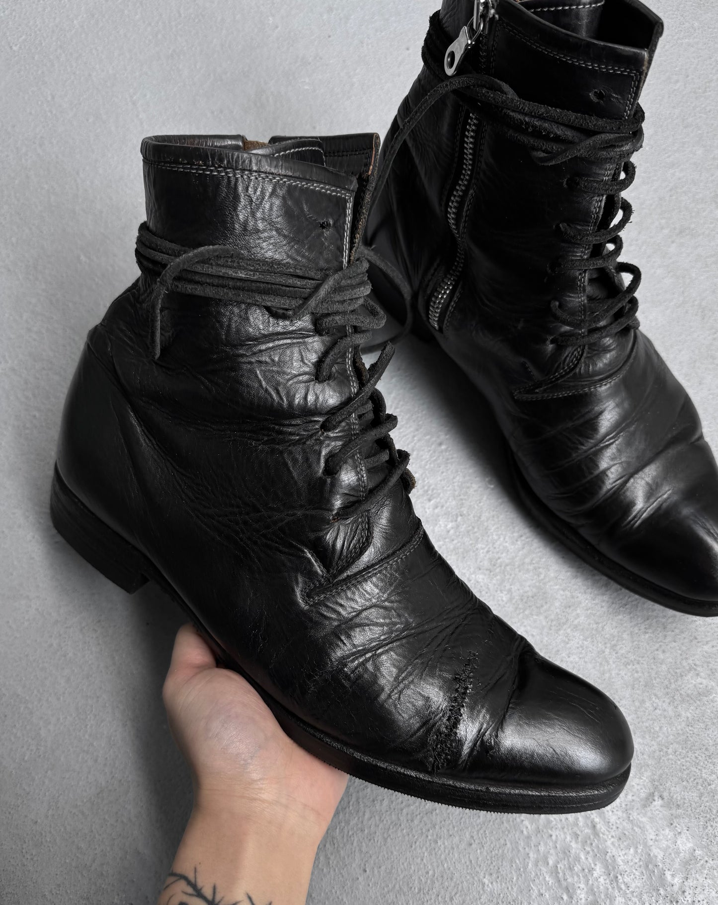 MiharaYasuhiro AW07 Garment-dyed Leather Pointed Toe Military Lace-up Boots